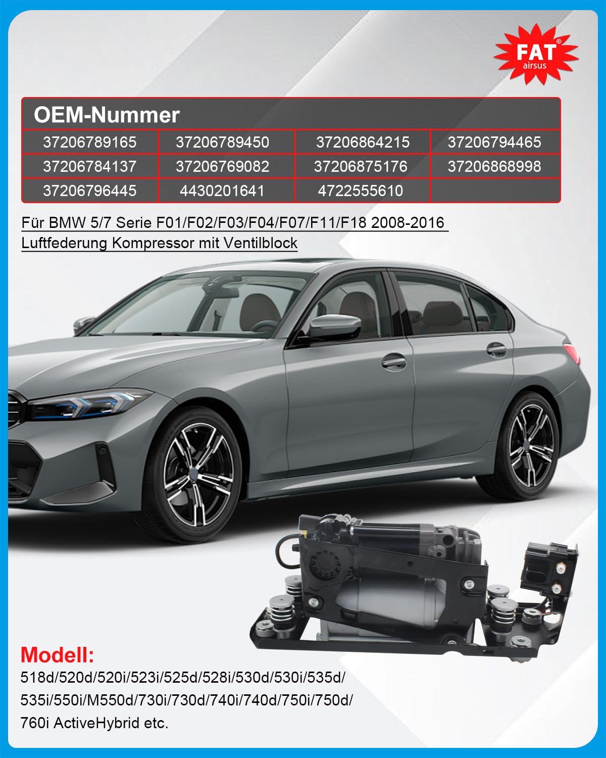 Conjunto de bomba de aire de bloque de válvula de compresor de suspensión de aire con válvula de distribución y soporte compatible con BMW Serie 5 7 F02 F11 37206864215 37206794465