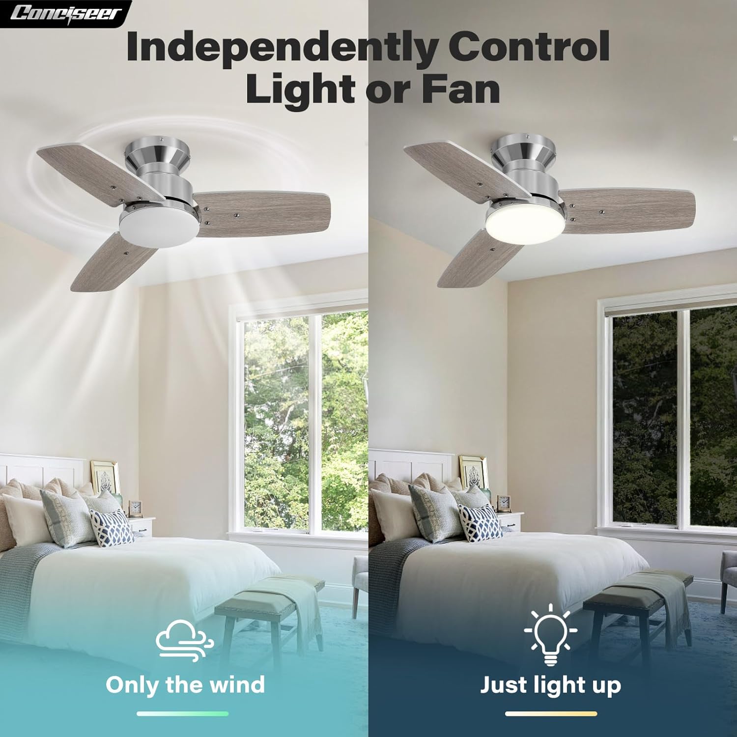 42 Inch Ceiling Fans with Lights and Remote, Bedroom Living Room Office, Flush Mount, 3CCT Dimmable, Dual Color 3 Blades 6 Speed Reversible Quiet DC Motor, Chrome-Plated/Wood Grain, 2 Pack