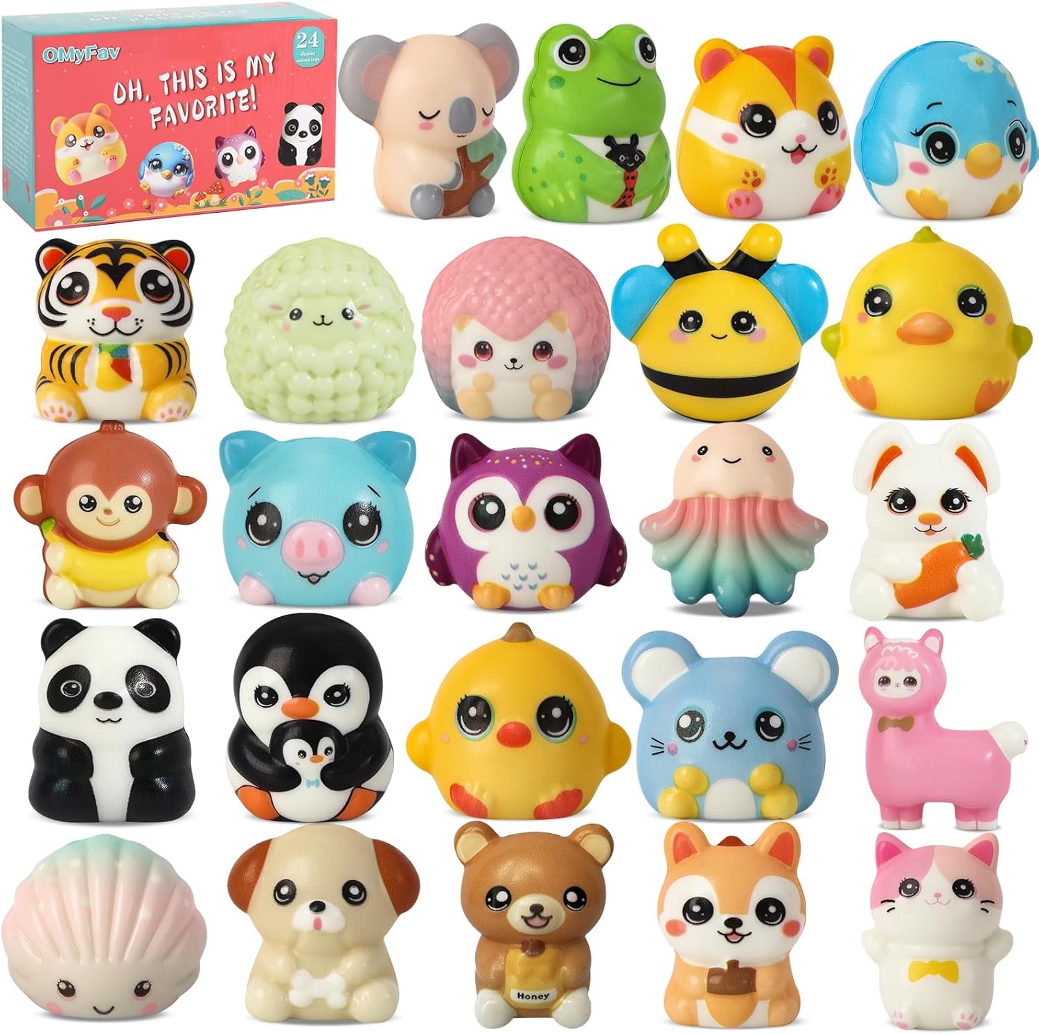 Cute animal squishy toys 24 pack for birthday party favors