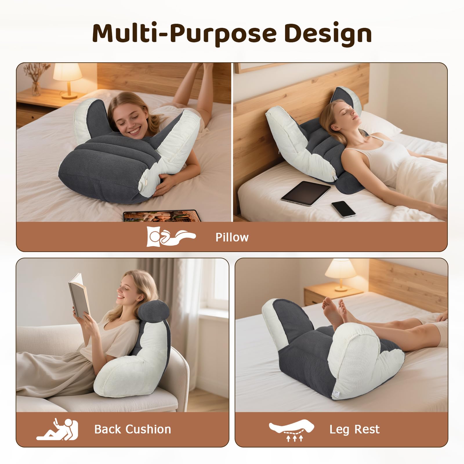 Coussin de lecture pour lit et canapé, 65 x 60 cm, coussin de dossier avec accoudoirs et traversin de nuque, os de lecture pour adultes, en velours côtelé, coussin d'assise pour lire