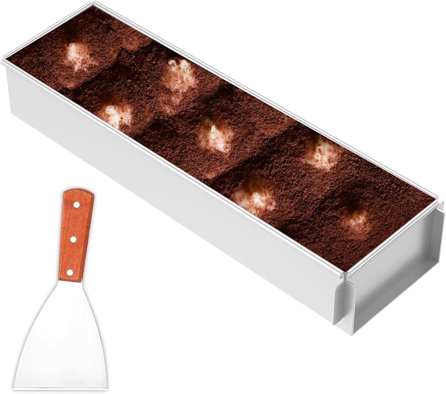 16.4-Inch Tiramisu Pan, Long Rectangle Cake Pan with Removable Frame and Cake Lifter, Aluminum Baking Mold for Mousse, Cheesecake and Layered Desserts, Silver