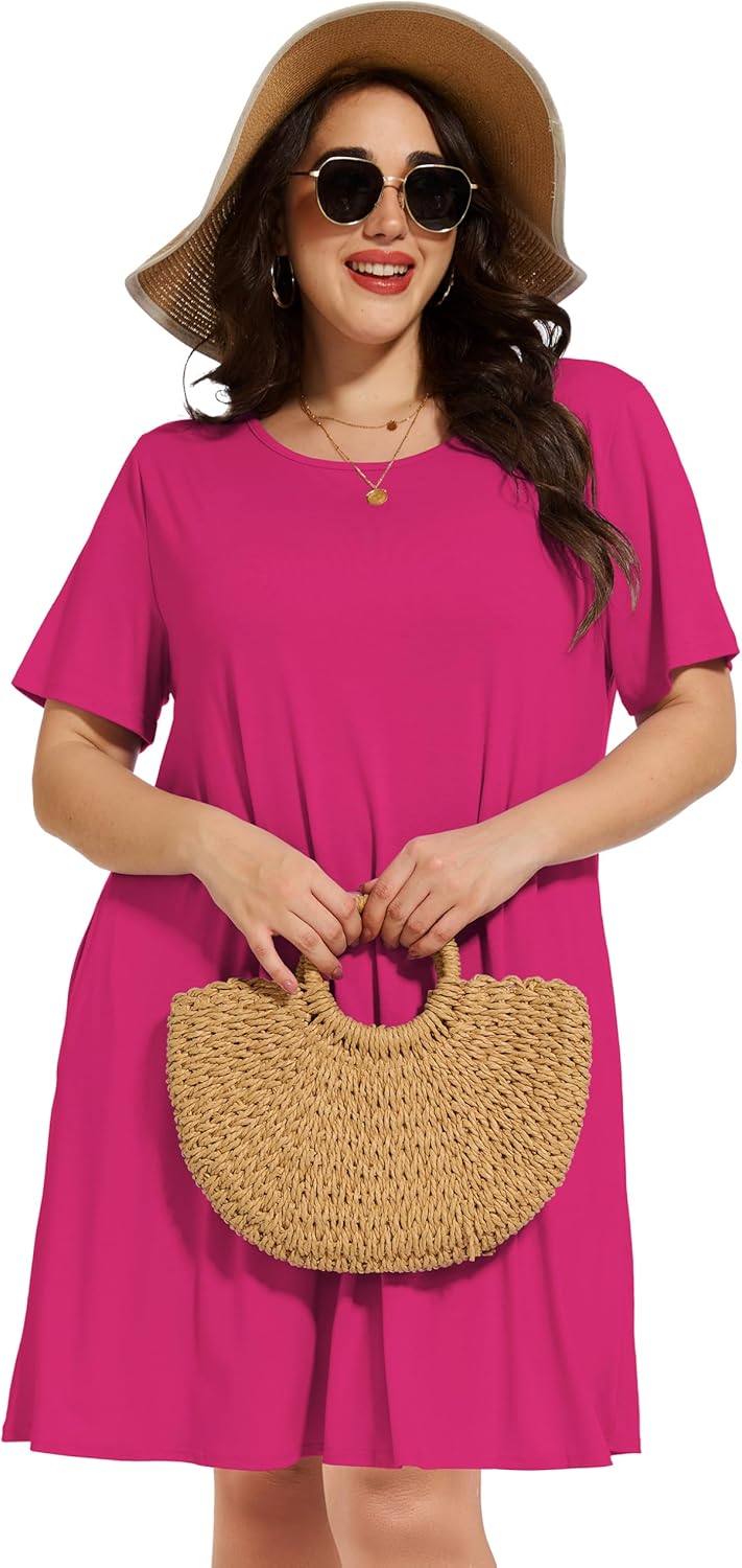 elescat Plus Size Summer Dresses for Women Casual Short Sleeve Pockets Loose Oversized T Shirt Sundress - Image 4