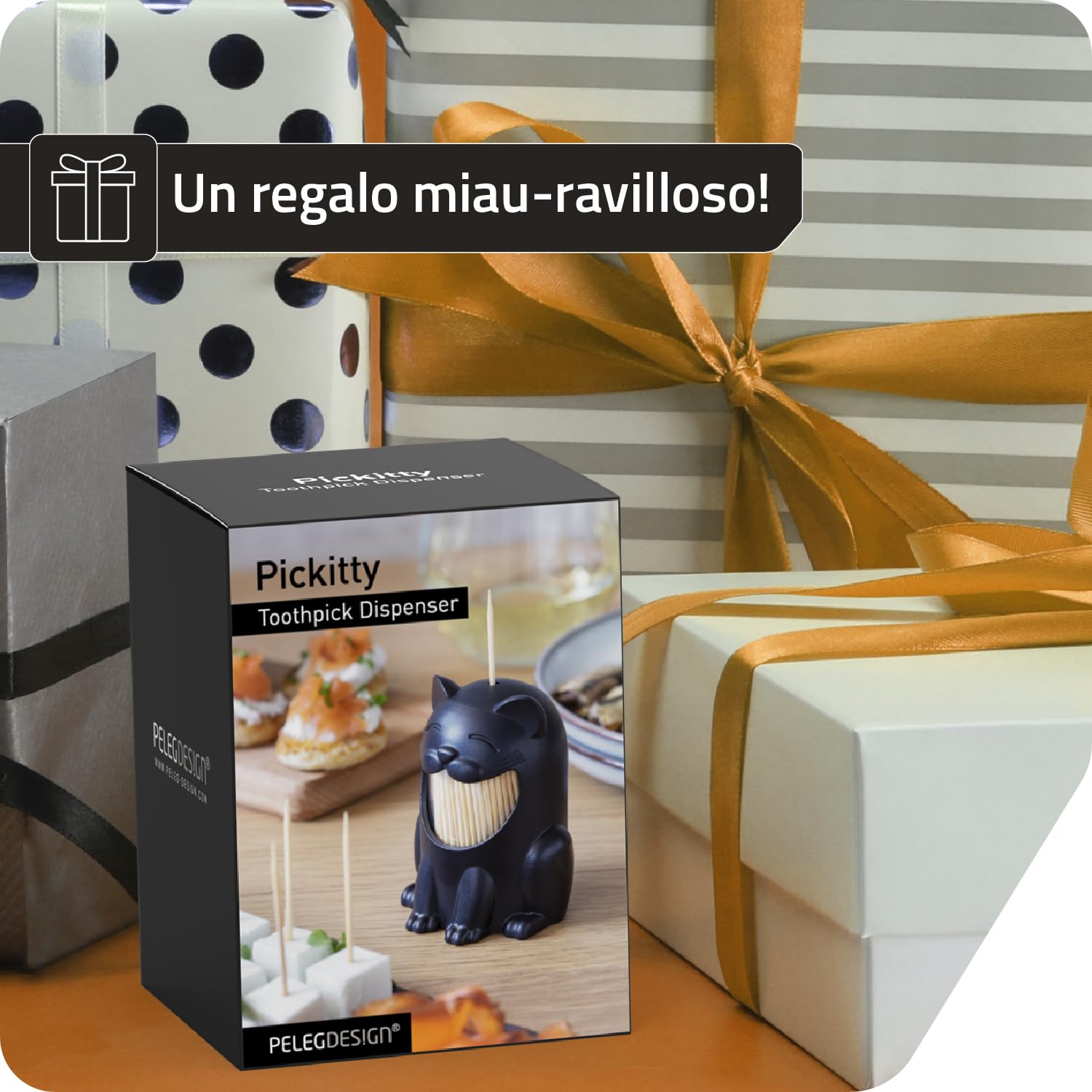PELEG DESIGN Pickitty Dispensador de Palillos – Porta Palillos de Dientes con Forma de Gato, Decoración de Mesa Divertida, Regalo Original de Cocina y Accesorio para Fiestas