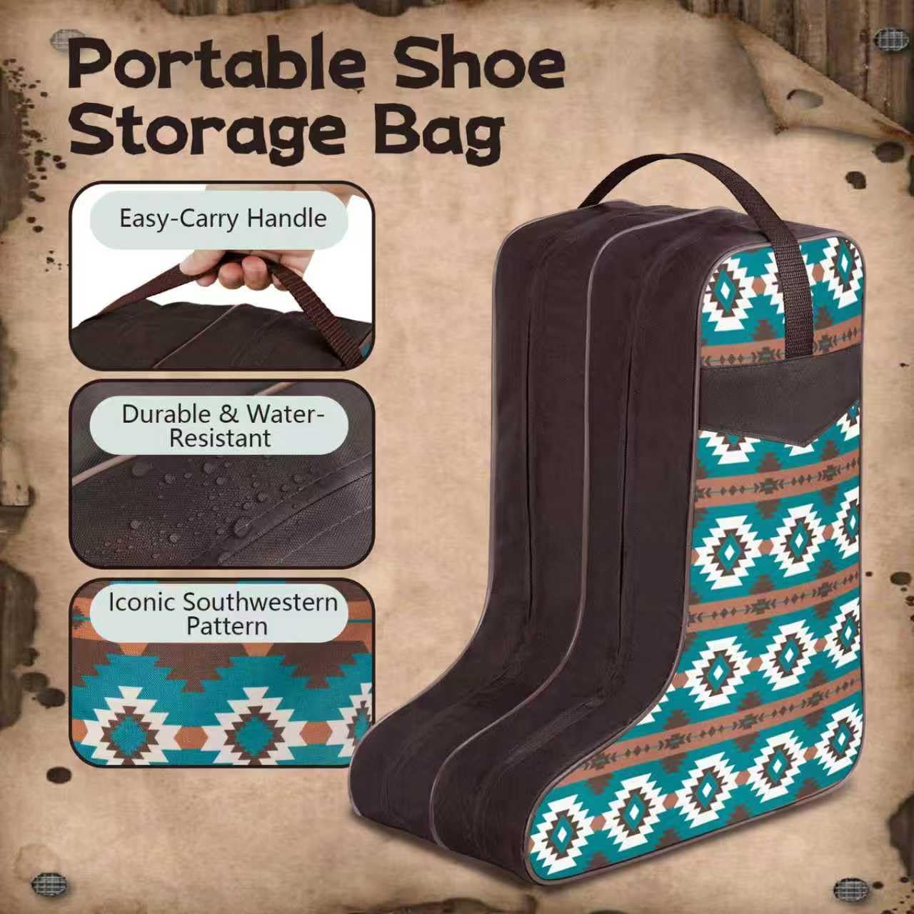 Cowgirl Boot Bag with Southwestern Aztec Pattern, Fits Boots Up to 17 Inches, Dual-Zipper Storage for Cowboy Boots, Ideal for Rodeo, Equestrian, and Travel - Image 3