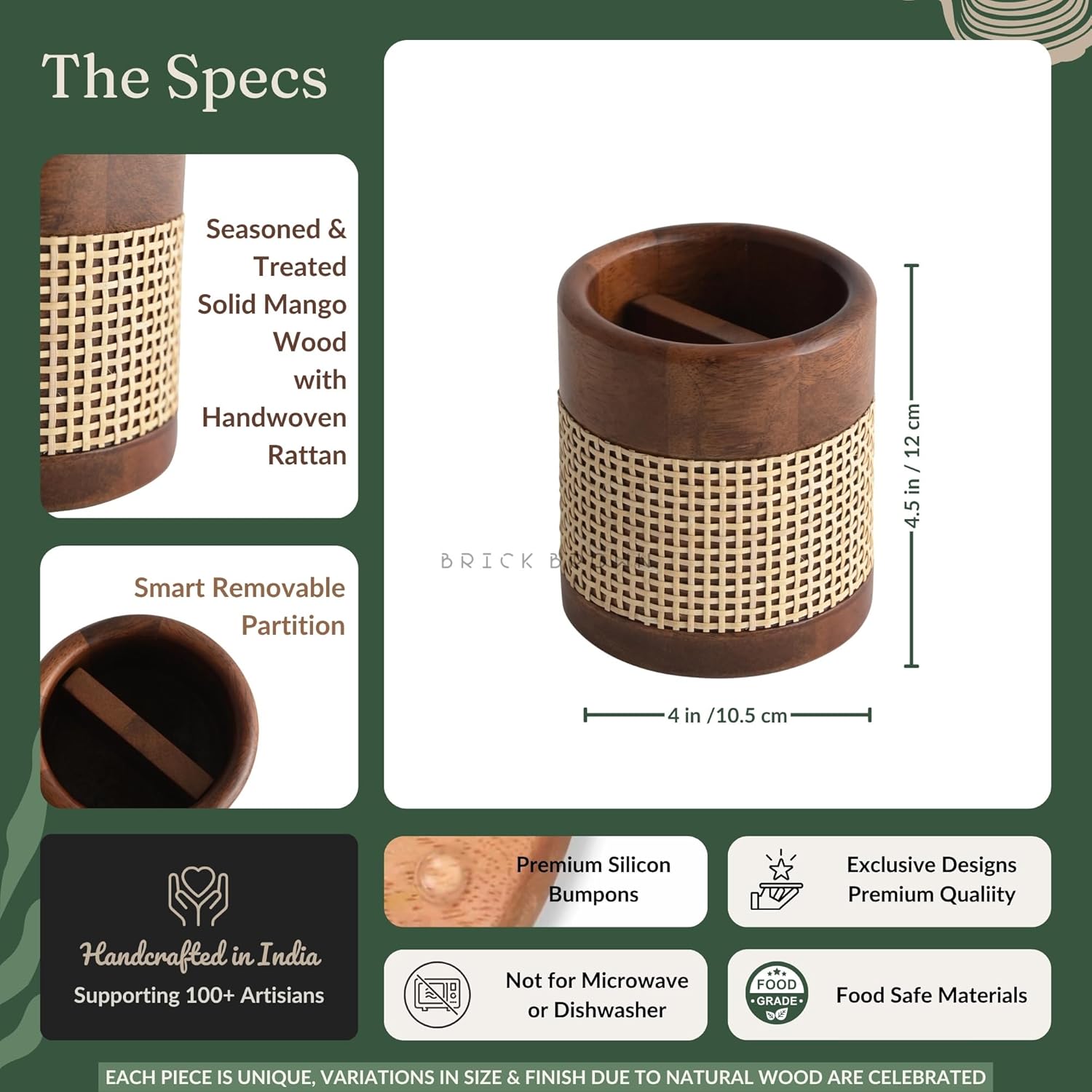 Brick Brown® Premium Wooden Tresso Cutlery Holder Spoon Stand for Kitchen | Spoon Holder for Dining Table | Wooden Caddy Storage Organizer Stand with Removable Section Caddy Holder (4x4x4.5 inch)