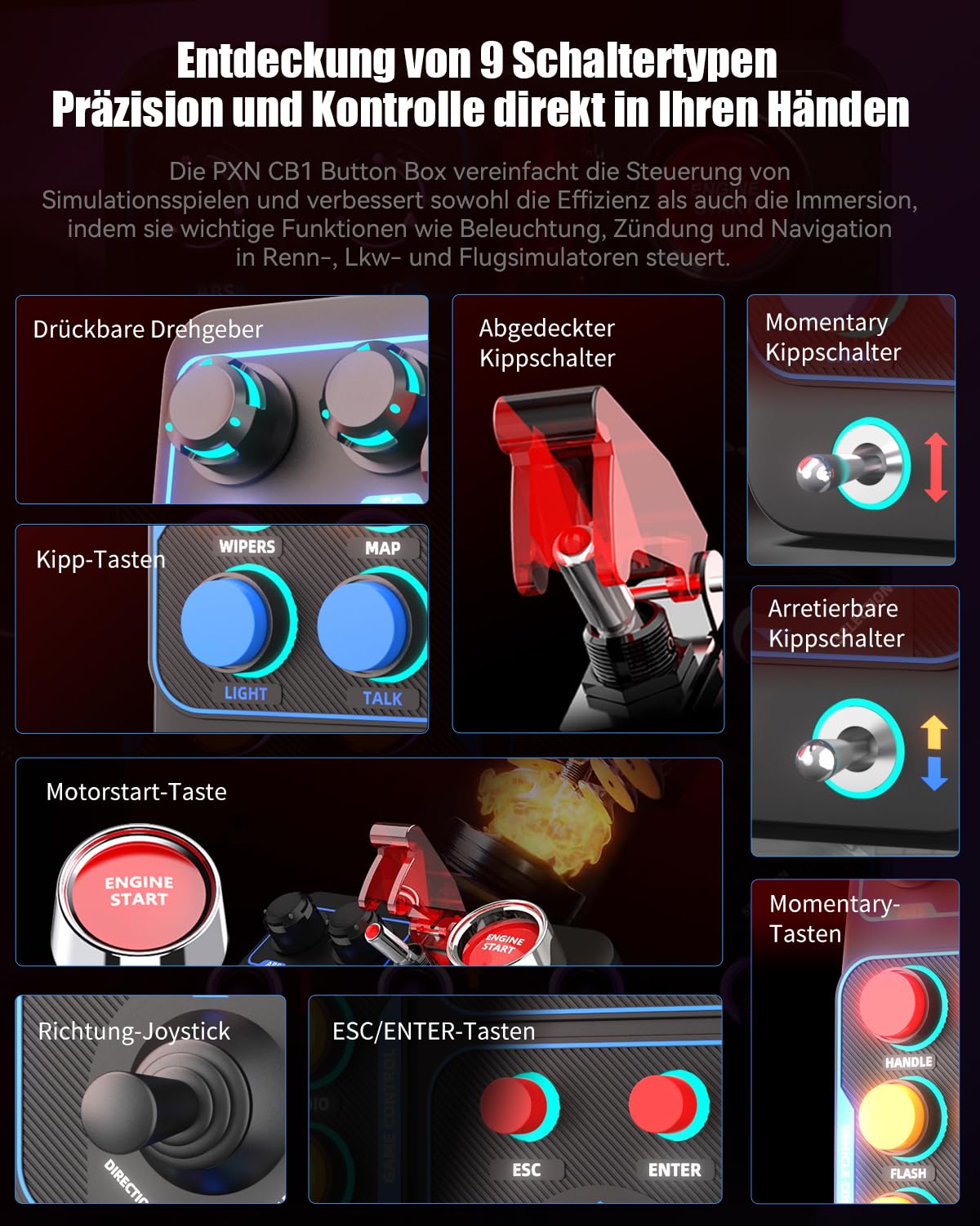PXN CB1 Button Box – PC Seitenkonsole, 19 Tasten & Schalter, RGB-Beleuchtung, Seiten-Steuerbox für Sim-Racing-, Lkw-, LS- und Flug-Spiele, Zubehör für Lenkrad und Joystick, nur für PC | 19 Sim-Tasten & Schalter, RGB-Beleuchtung, einstellbare Klemme, für R