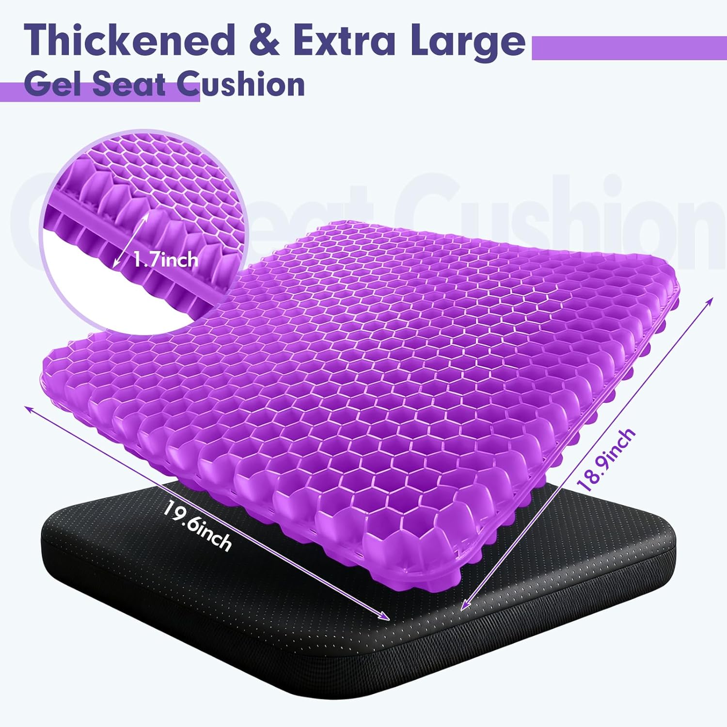 Plus Size Gel Cushion for Long Sitting, Breathable Honeycomb Pressure Relief Pad for Office Chair, Car & Wheelchair (Plus Size - Light purple-01)