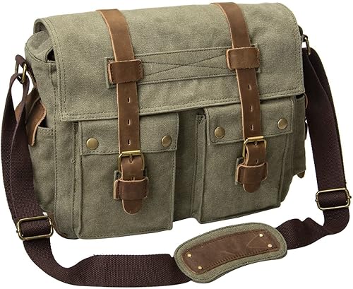 Peacechaos morral de cuero y lona para computadora portátil + morral de lona para cámara Dslr Slr, Verde ejército), 3323830