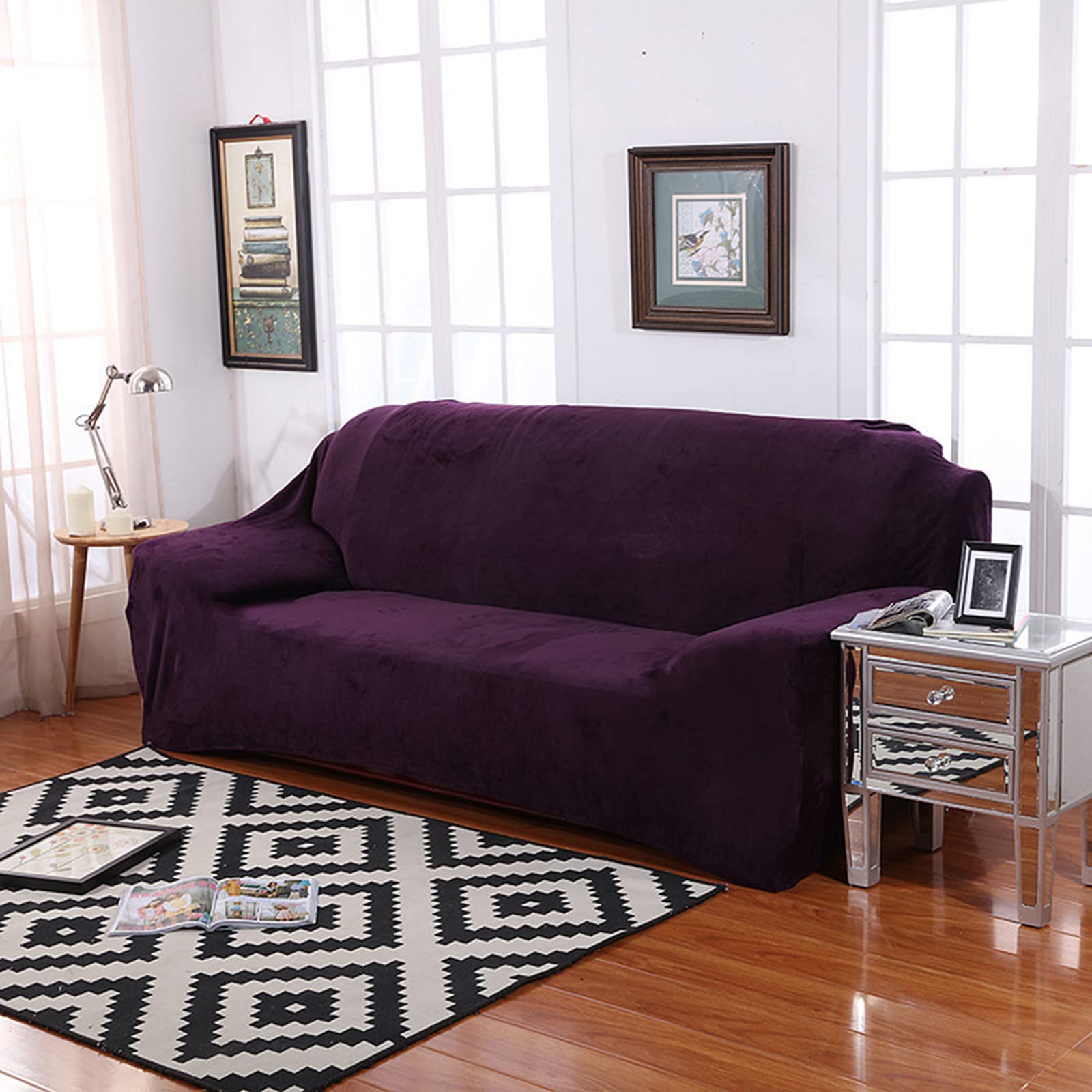 OBASDFD Velvet Sofa Slipcover Plush Anti-Slip High Stretch Furniture Protector For Sofas And Loveseats(Dark Purple,2 Seater 145-185cm)