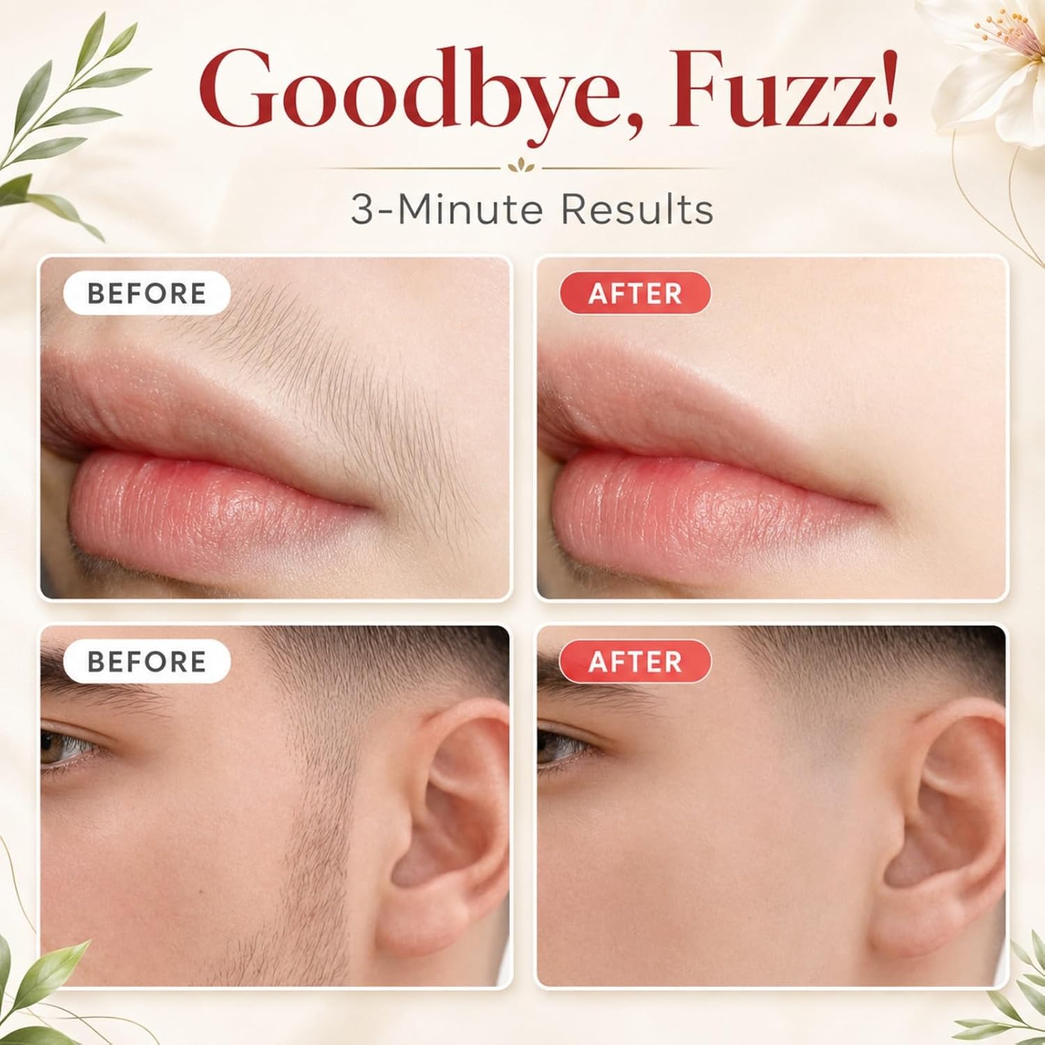 Facial Hair Removal Cream for Women, Gentle Plant Formula for Sensitive Skin with Soothing Aloe Gel, 3 Min Painless Flawless Depilatory Cream Removes Hair from Chin, Upper Lip and Sideburns