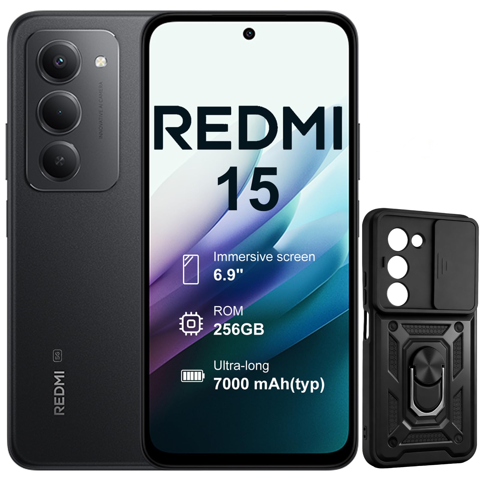 XIAOMI Redmi 15 5G Smartphone | 8GB+256GB | Batteria 7000mAh | Display 6.9" FHD+ 144Hz | Snapdragon 4 Gen 3 | Fotocamera 50MP | Senza Caricatore | Nero | Include Custodia Protettiva