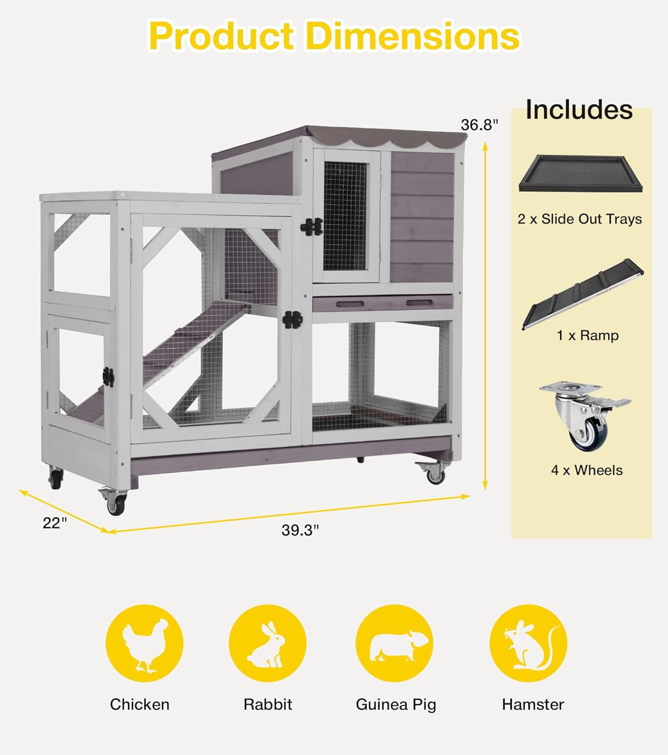 Aivituvin Rabbit Cage Indoor, 2-Story Bunny Cage with Leak-Proof Trays, Chew-Proof Wooden Rabbit Cage on Wheels for Small Pets (39.3" L x 22" W x 36.8" H) - Grey