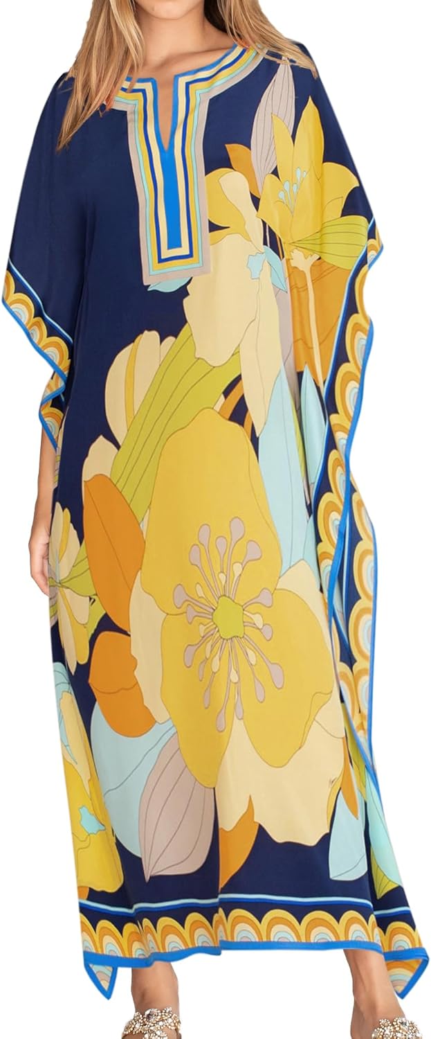 Eddoyee Women Long Print Swimwear Cover Up Sexy V Neck Side Split Beach Caftans Lounge Dresses