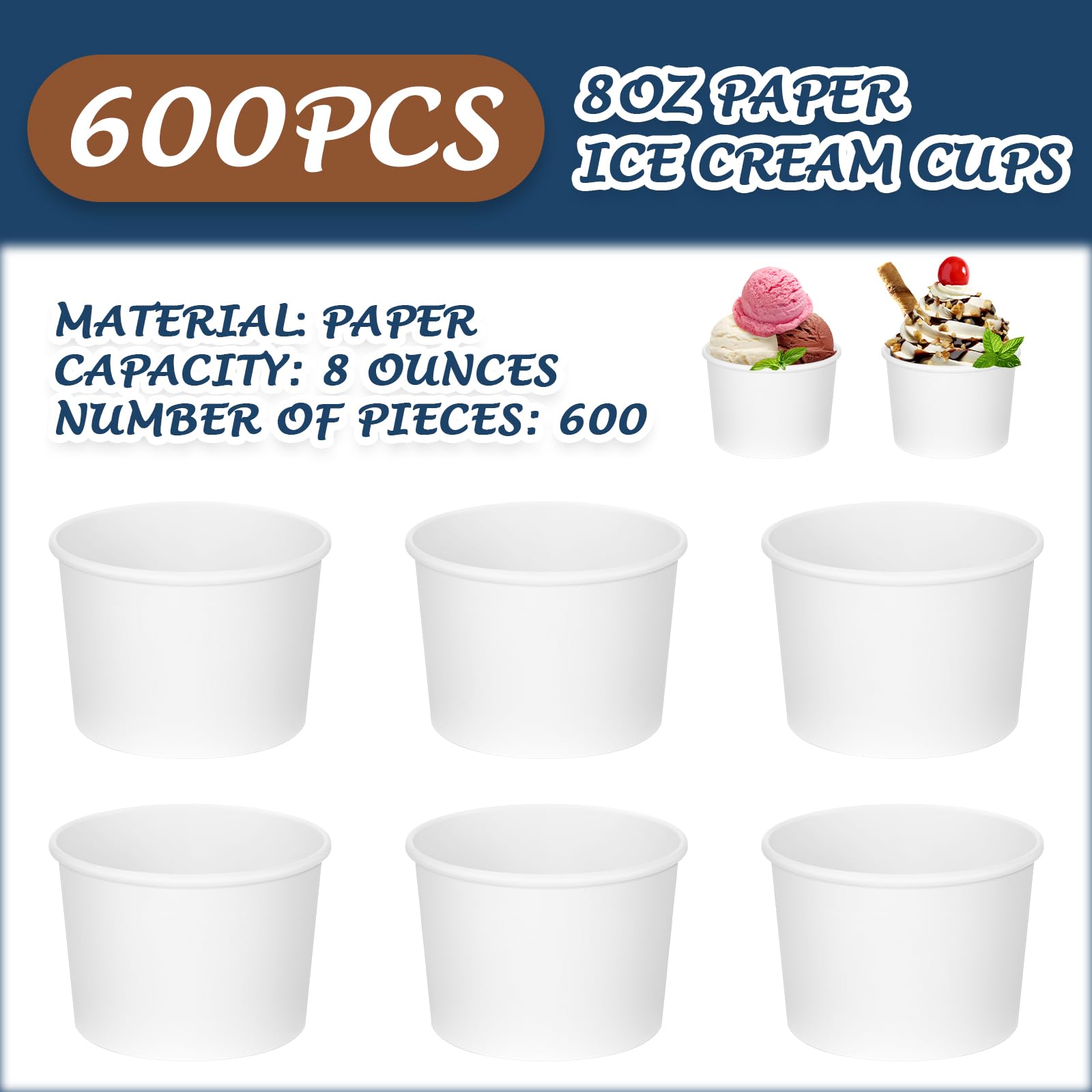 Nuenen 600 vasos de papel desechables de 8 onzas para helado de San Valentín, vasos de postre desechables a granel, cuencos de postre de papel de color sólido para aperitivos, Sundae, recuerdos de