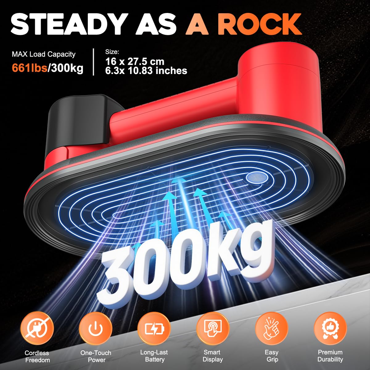 Electric Vacuum Suction Cup Lifter,661LBS Max Load Battery Powered Suction Cup w/2x3600 mAh Battery,10.83" Base and LCD Display,Glass Suction Cups Lifter for Tile,Marble,Granite