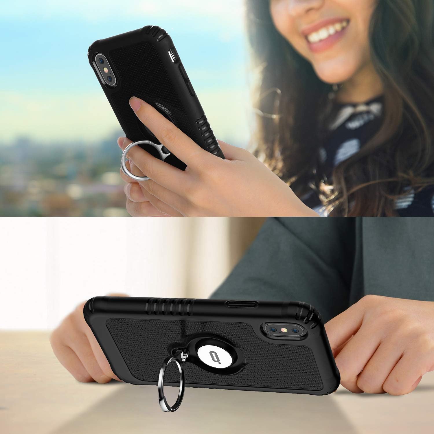 ICONFLANG Compatible Phone Case for iPhone Xs Max 6.5" with Ring Kickstand 360 Degree Rotating Drop Airbag Protection Shock Absorption Case [Compatible Magnetic Car Mount case] (Black)