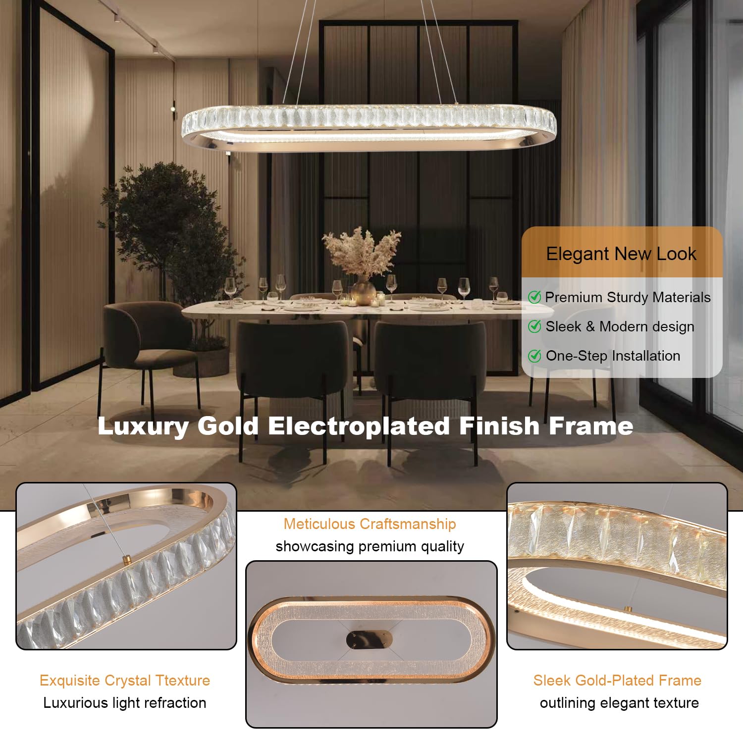 Lampadario Moderno a Sospensione ovale a LED Color oro con Illuminazione Lineare a LED per Sala da Pranzo, Lampadario Dimmerabile per Isola Cucina con Telecomando per Soggiorno e Ufficio