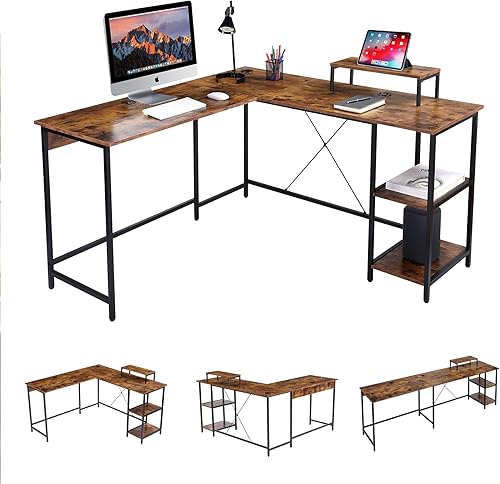 Miniatura 9 de UNICOO - Escritorio para computadora en forma de L, escritorios modernos de esquina con soporte de CPU, mesa de juego en forma de L con estantes de