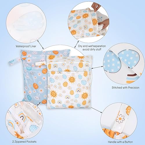 Miniatura 9 de 2 bolsas de lavandería impermeables de viaje, bolsas de tela para pañales húmedos y secos con asa y 2 bolsillos con cremallera, bolsa de ropa sucia