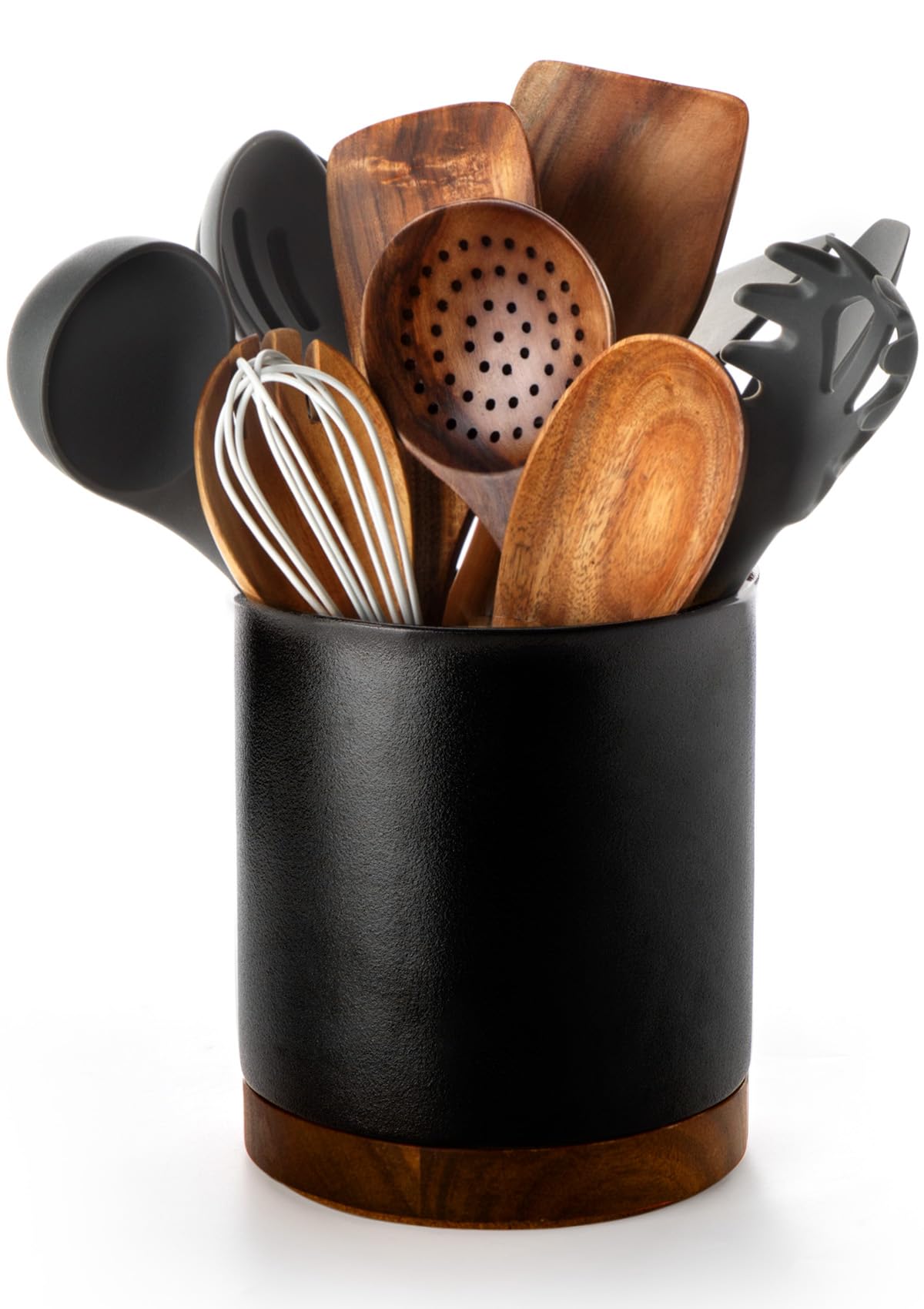 Nucookery 360°Rotating Utensil Holder, 7.2" Kitchen Utensil Crock, Ceramic Cooking Utensil Organizer with Countertop-Protection Cork Bottom for Farmhouse Kitchen Decor Christmas (Stone Black)