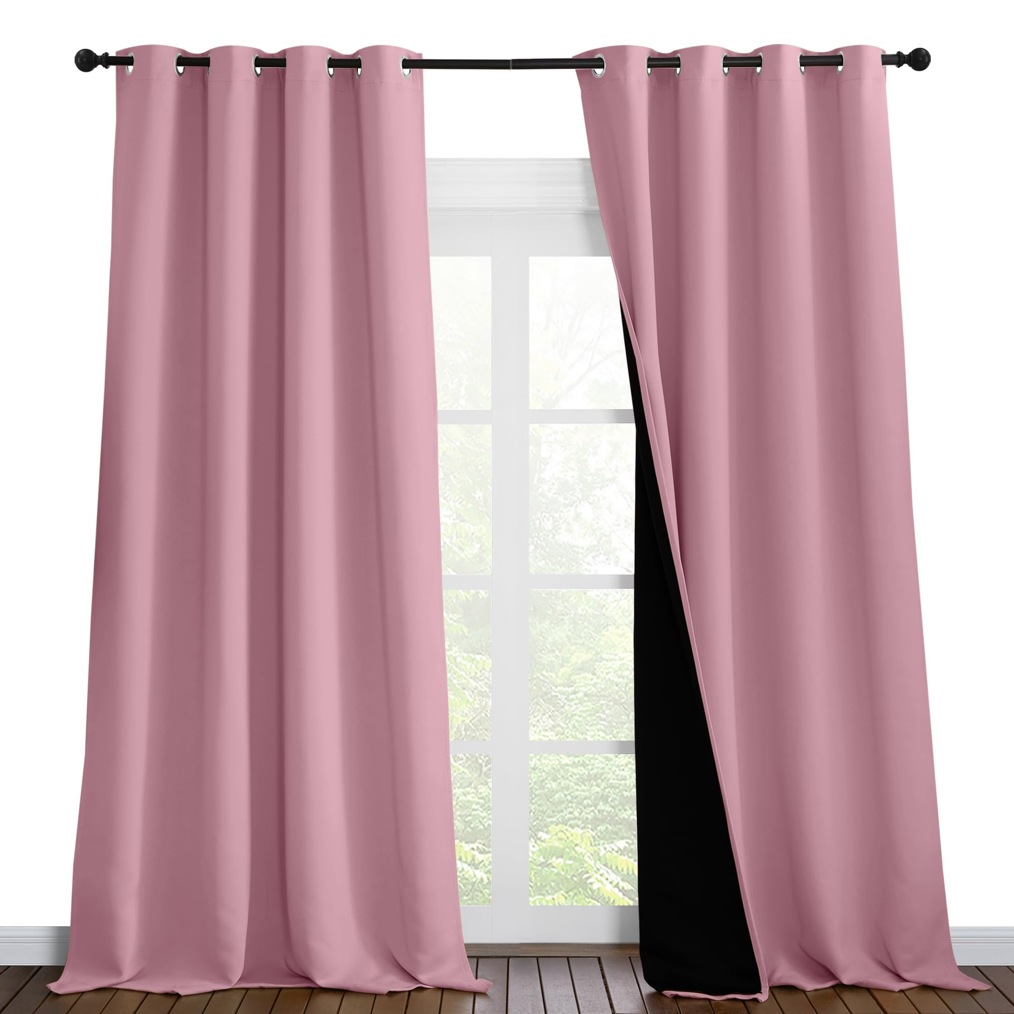 NICETOWN 100% Blackout Blinds, Set of 2, 52 inches x 102 inches, Laundry Room Decor Window Treatment Curtains for Large Patio Sliding Door, Thermal Insulated Crystal Pink Curtains for Bedroom