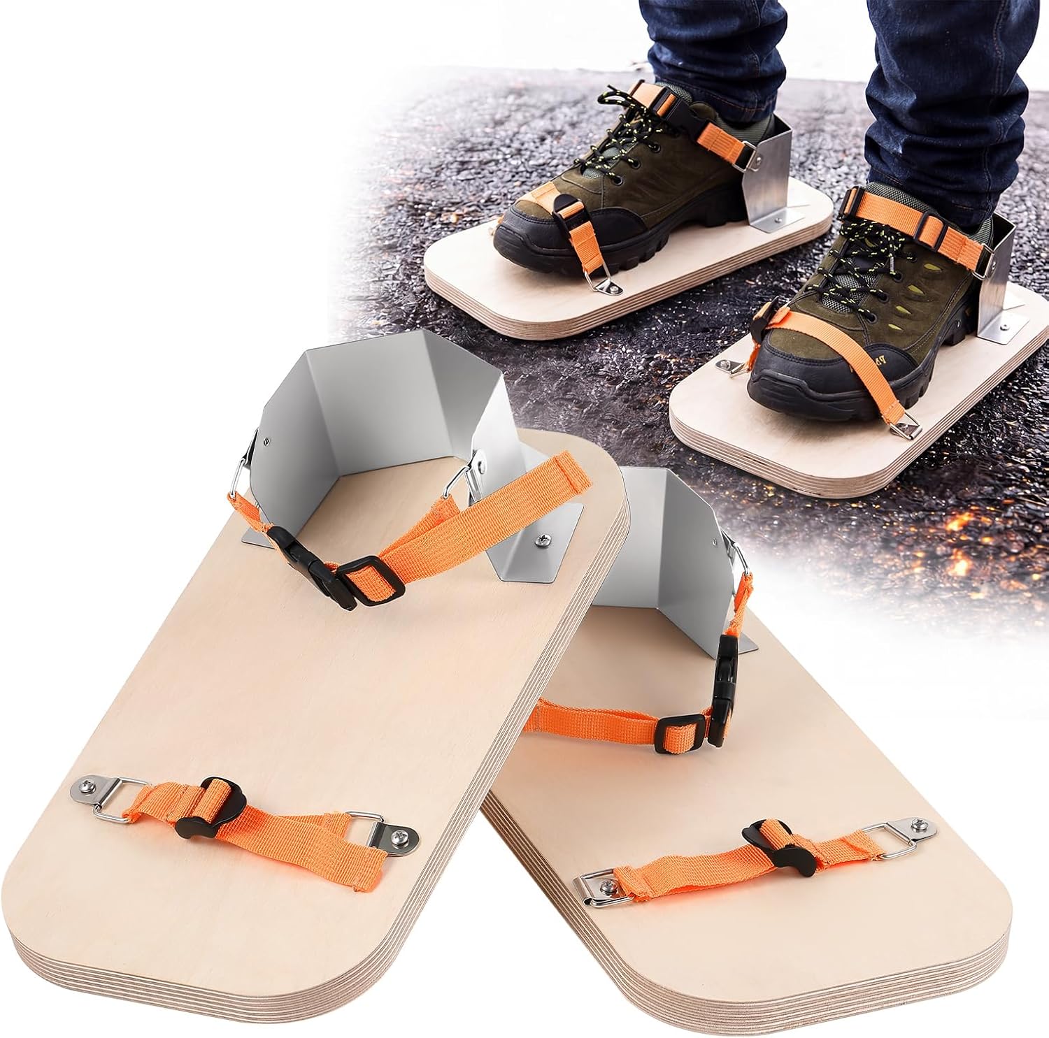 Chicingyou Asphalt Shoes Galvanized Steel with Wooden Soles and Adjustable Nylon Elastic Straps for Tamping and Compacting Hard to Reach Areas