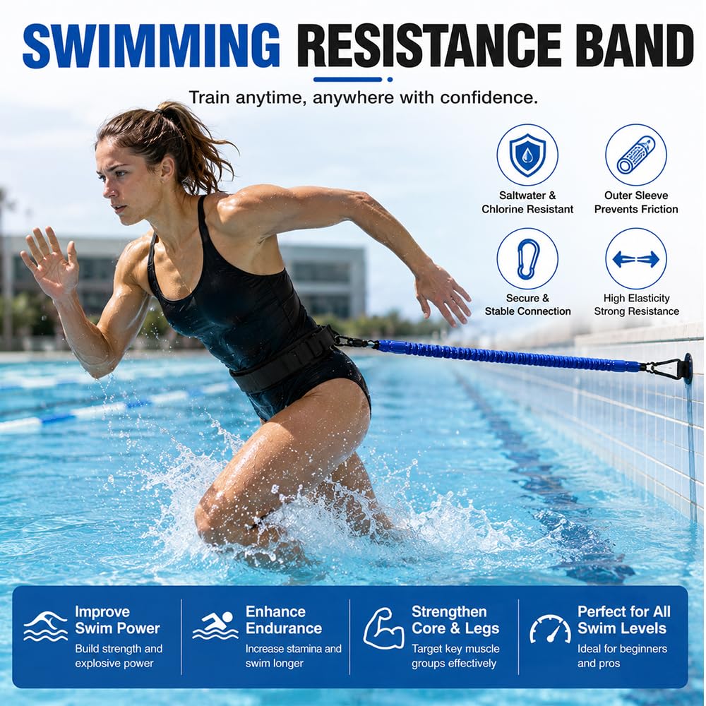 Schwimmgurt Pool, Einstellbare Schwimmgurt Pool Erwachsene, Schwimmtrainer mit 2,5-7,5 M Elastischen Gummibändern, Schwimmtrainer Gürtel für Pooltrainer, Erwachsene