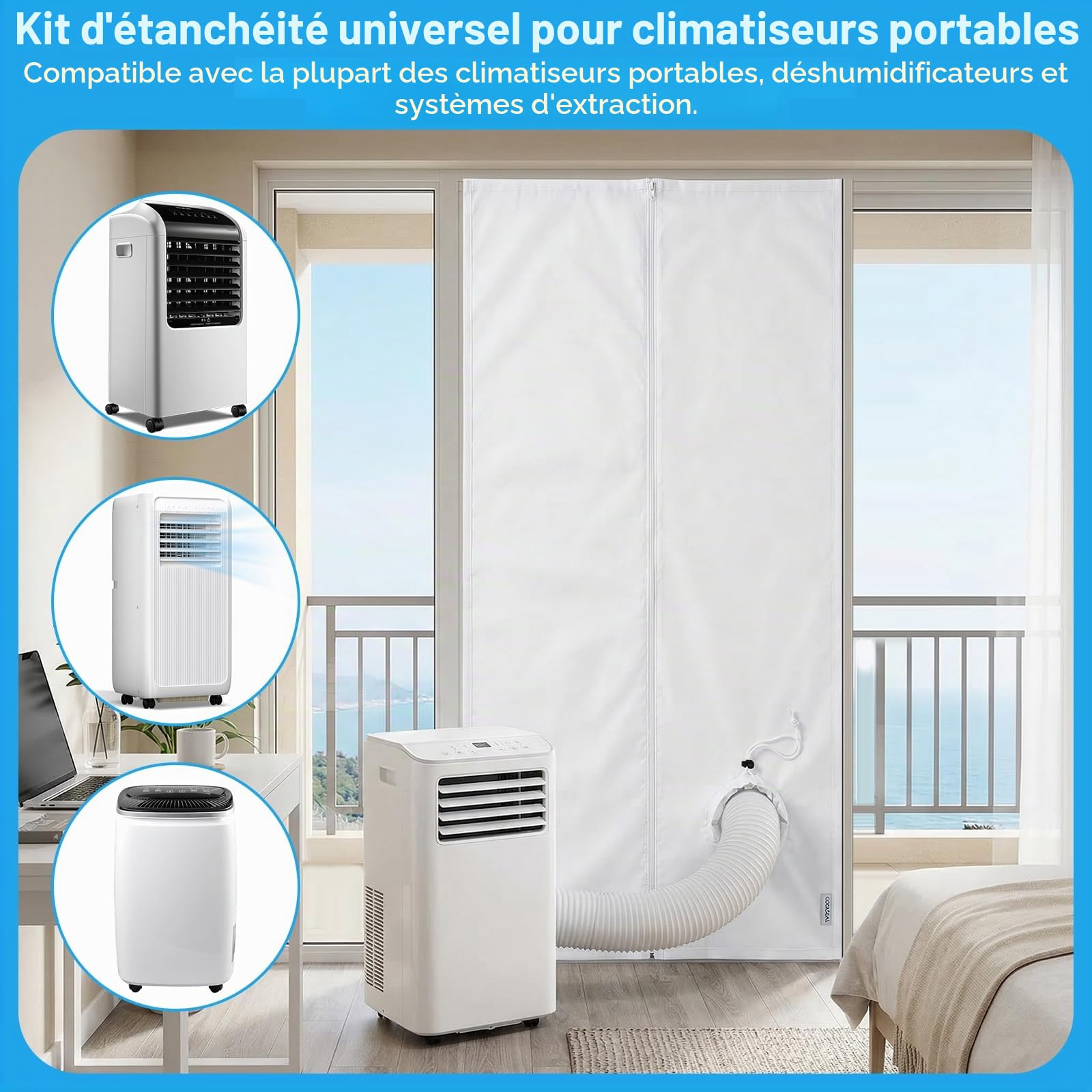 Kit d'Étanchéité Porte et Fenêtre pour Climatiseur Mobile Qoosea - 90x210cm avec Passage à Cordon et 7m de Bandes Adhésives pour Portes Coulissantes et Fenêtres