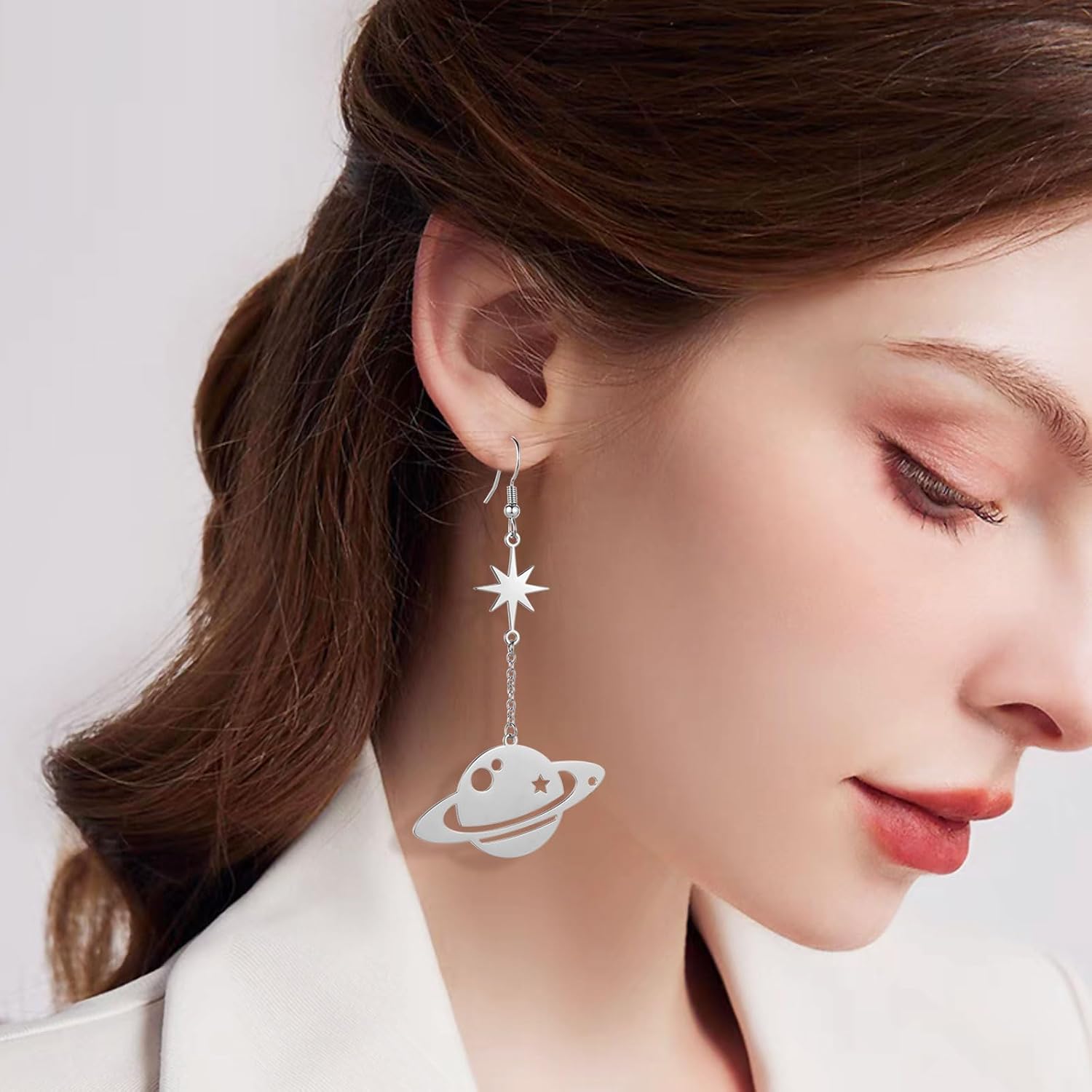REELMAR Space Dangle Earrings for Women Asymmetrical Celestial Moon Star Saturn Earrings Dangling Crescent Moon Planet Drops Gorgeous Mysterious Space Statement Jewelry - Image 3
