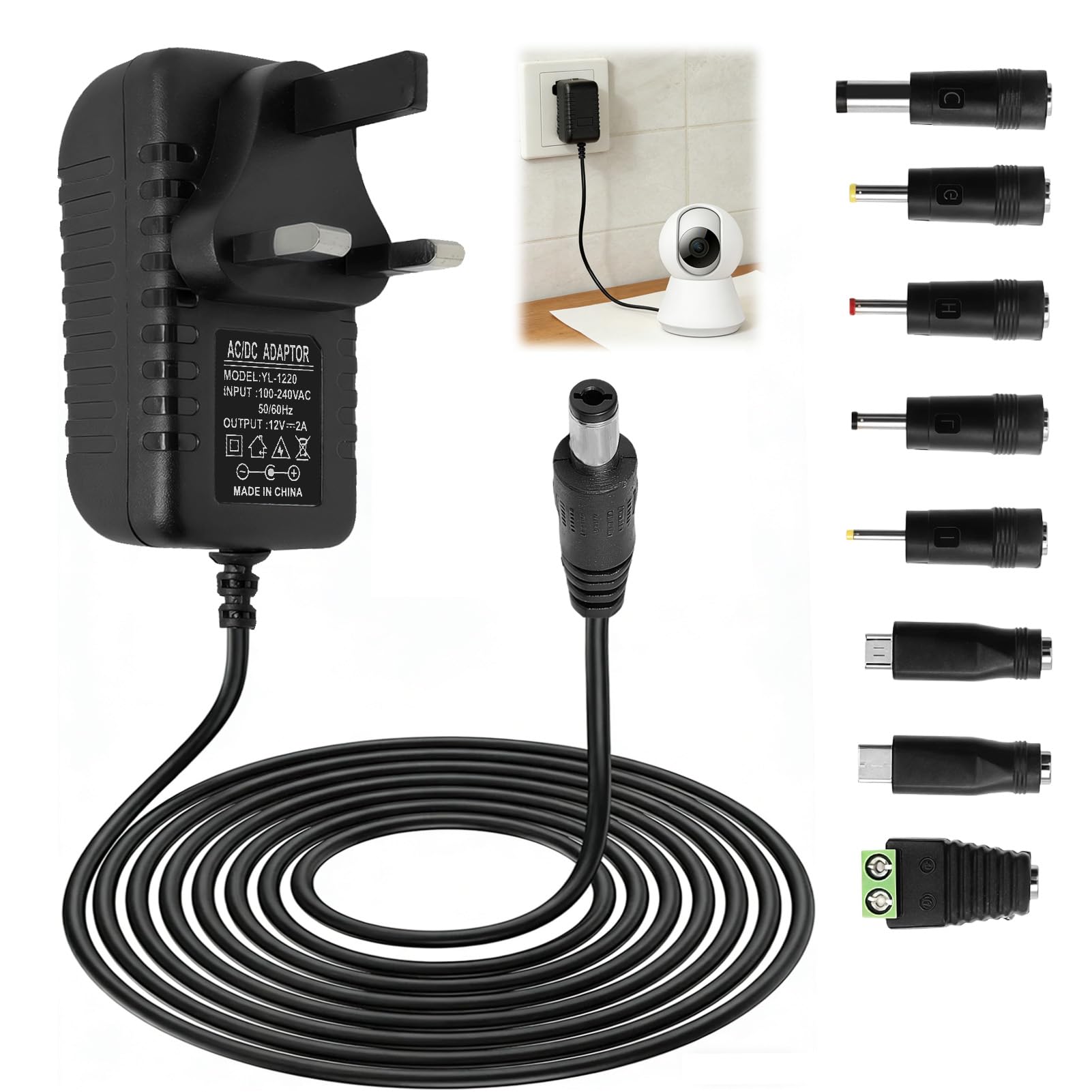 12V 2A Power Supply AC Adapter with 8 DC Plug Tips, Universal AC to DC Converter for LED Strip Lights, CCTV Camera, Router, TV Box and Other 12V Devices, 24W Max Output — view 7