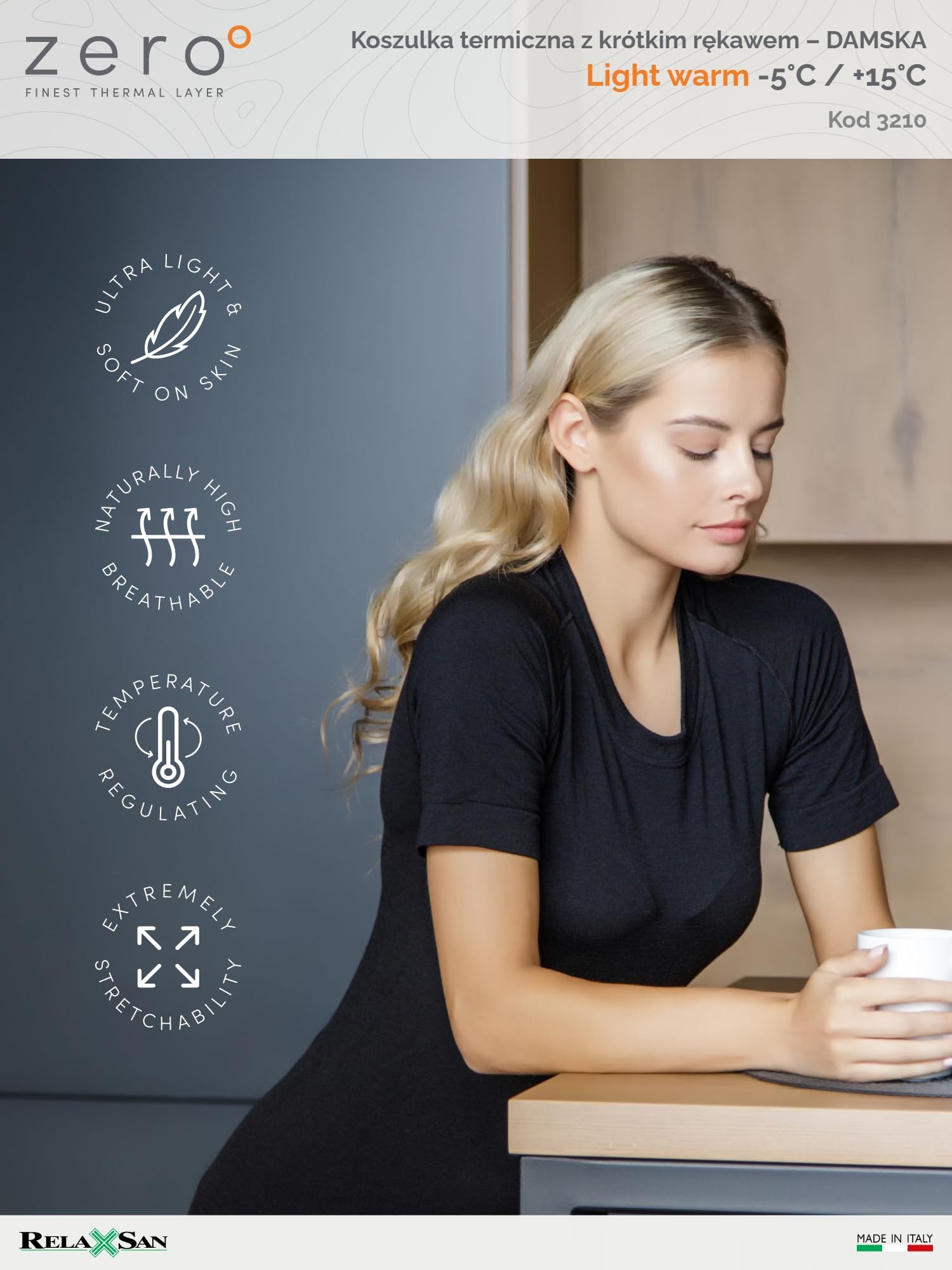 Relaxsan Zero 3210 – Damska koszulka termoaktywna T-shirt ultralekka bielizna oddychająca z włókien Dryarn i wełny merynosowej