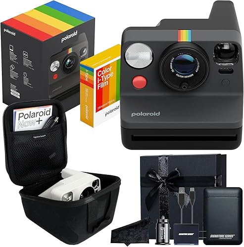 Polaroid Now - Cámara de película instantánea tipo i de 3 generación con 16 fotos de película a color, color negro, con paquete de regalo de la