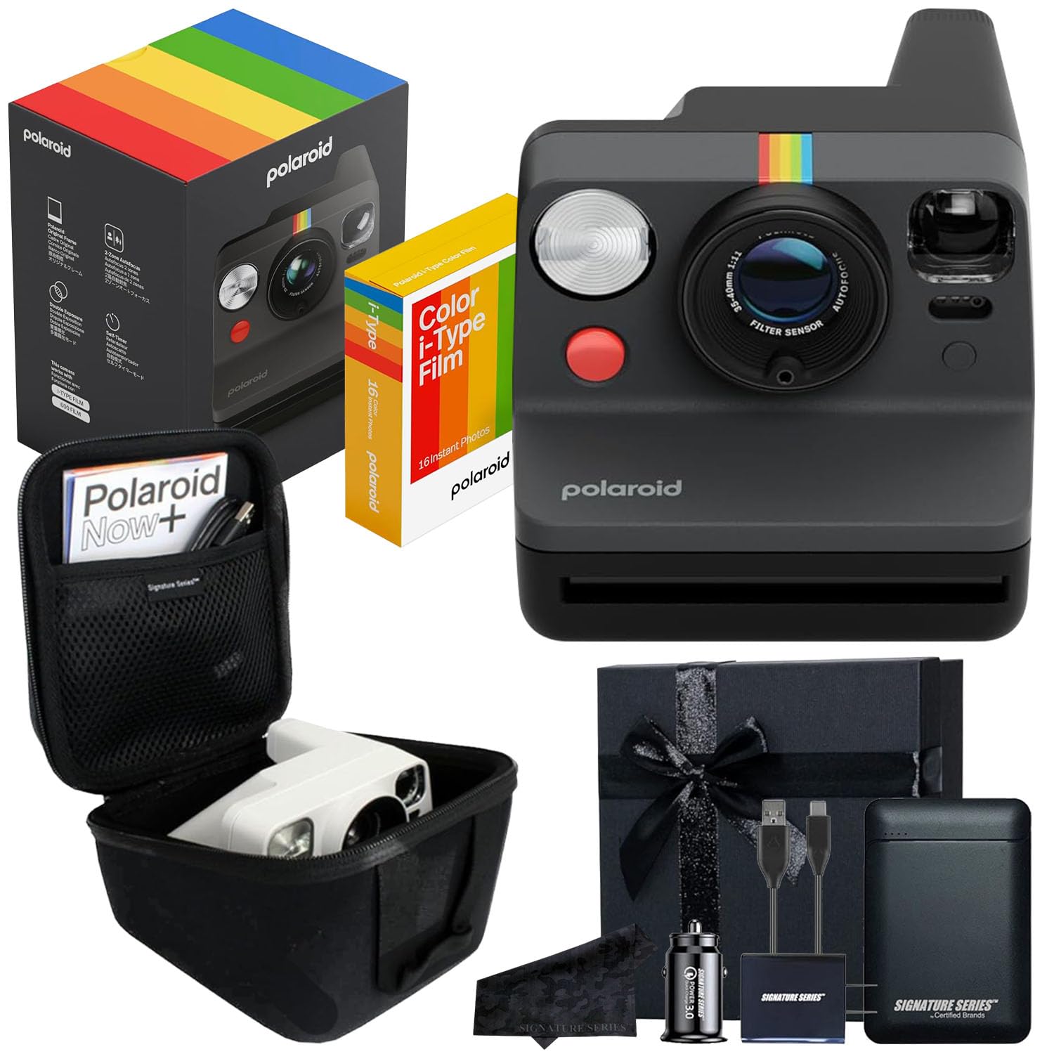 Polaroid Now 3rd Generation i-Type Instant Film Camera with 16 Color Film Photos, Black, with Signature Series Gift Bundle