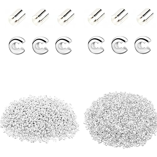 Jmassyang 1600 Pieces 2mm Brass Tube Crimp Beads and 3mm Crimp Knot Covers Half Round Open Crimp Beads Jewelry Crimp Beads Cord End Tube Caps Covers for DIY Jewelry Craft Making (Silver)