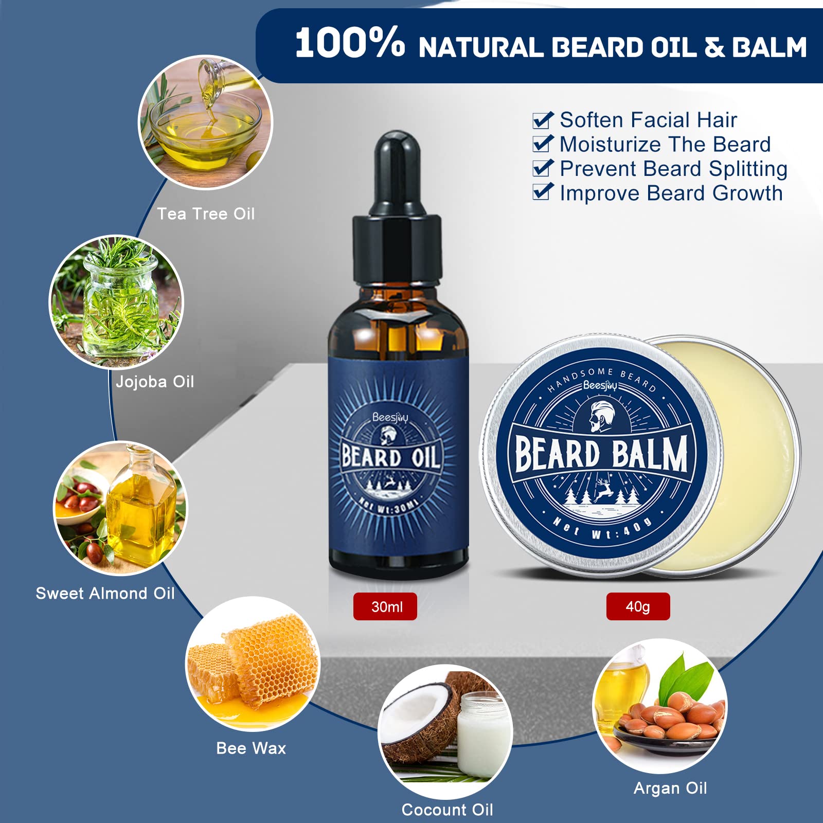 Kit Barbe Homme, Beesjuy Coffret Barbe Homme, Cadeau Noel Homme, Entretien Barbe Kit Soins Barbe Pour Hommes Avec Huile, Crème, Shampoing, Brosse à Poils, Peigne, Ciseaux, Peigne de Coiffage