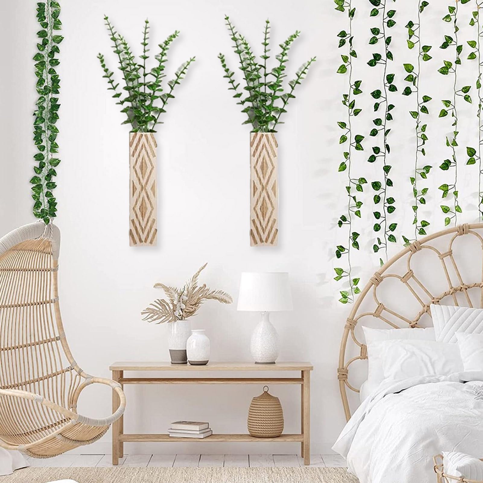 Set de 3 Jarrones de Pared de Madera - Plantadores Colgantes con Acabado Marrón Rústico, Decoración Moderna para Flores Artificiales y Plantas (A)