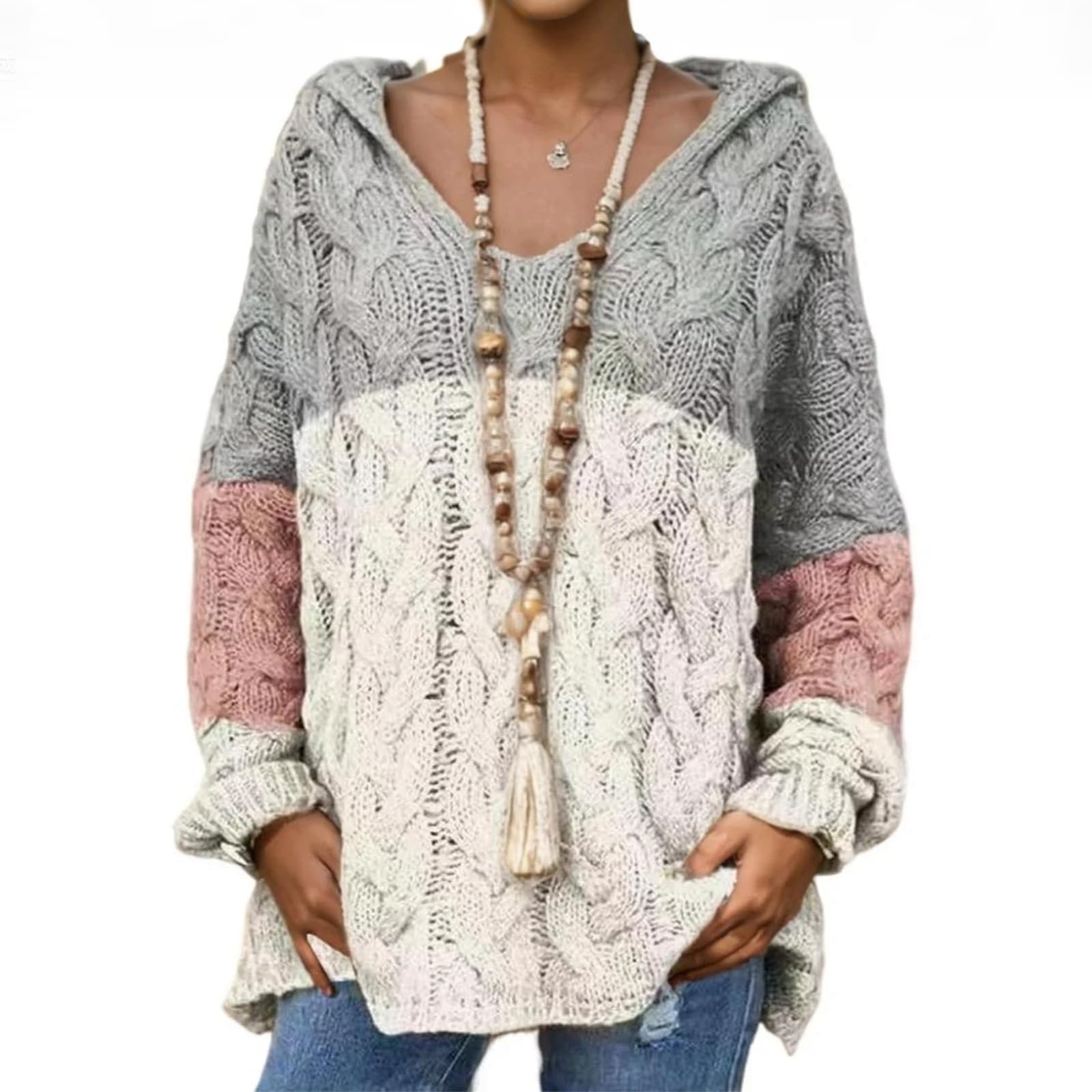 Oversized Sweaters for Women Fall Fashion V Neck Chunky Cable Knit Hooded Sweaters Winter Casual Long Sleeves Pullover