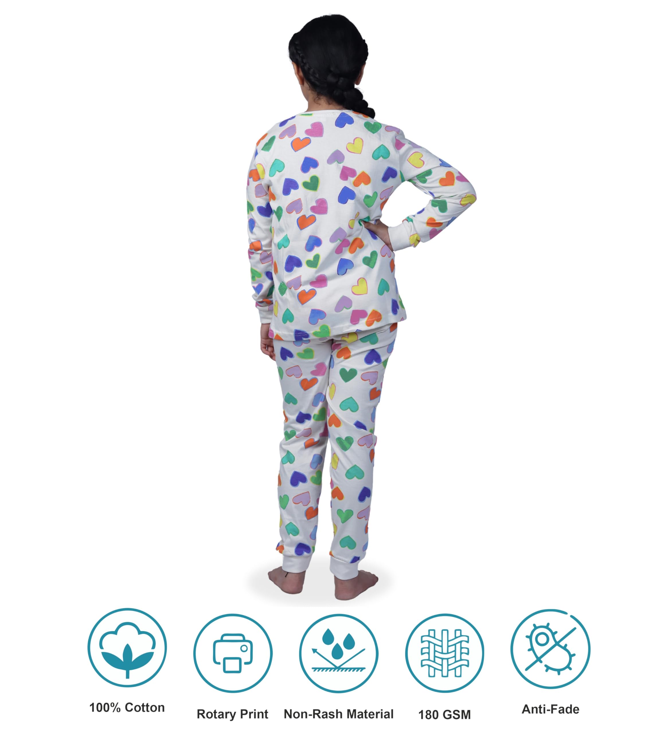 Hestia | H.NSG.N.1 |Girls Nightwear|Bottom Pyjama Tshirts | Breathable Fabric Pajama Sets|Cotton Night Dress Jogger|Trouser Full Sleeves Tshirt Night Suit for Kids|Heart Print|2-4Yrs|Offwhite | Set 1 - Image 5 thumbnail