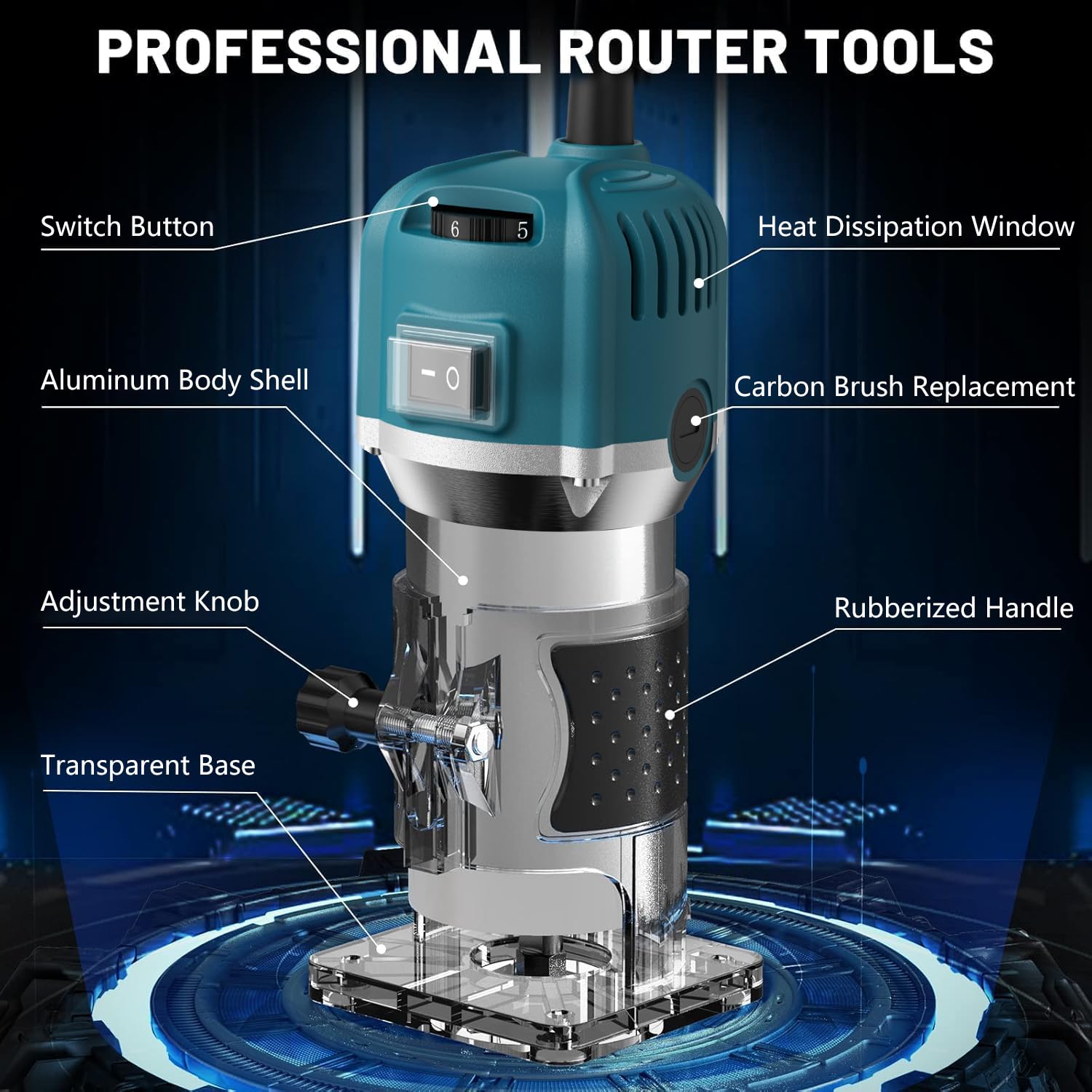 Herramienta de enrutador de palma, 800 W, 30000 rpm, enrutador manual eléctrico para carpintería con base de recortadora y 15 brocas de enrutador de 6,35 mm, enrutador de madera de 220 V (azul, 6