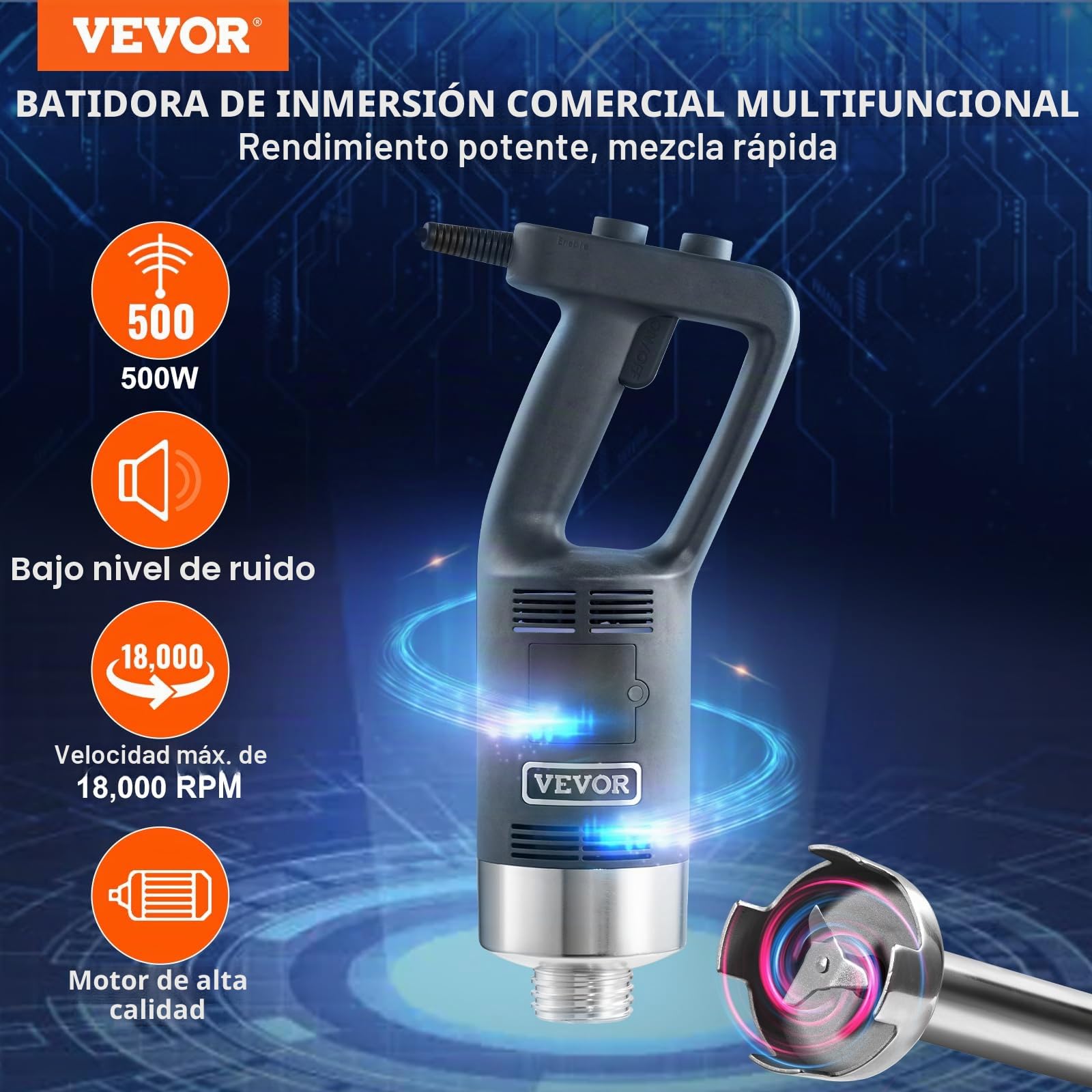 VEVOR Batidora de Mano 500 W 855 mm Licuadora de Inmersión Comercial de Alta Resistencia Velocidad Variable Hoja de Acero Inoxidable Batidora Portátil Versátil para Sopa Batido Puré Comida para Bebés