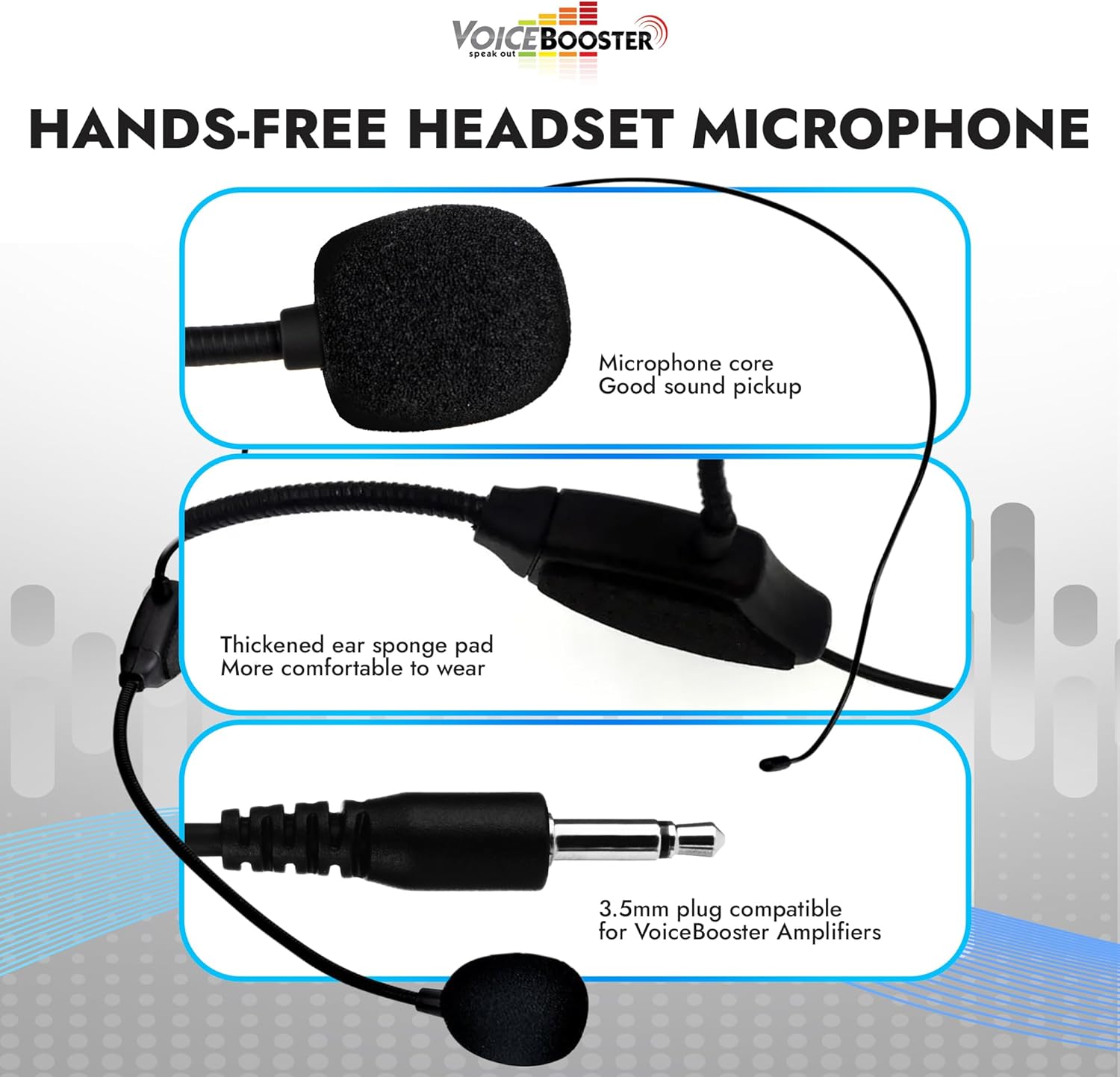 Voicebooster Speak Out Headset Microphone Lightweight Adjustable Boom Mic with Feedback Control - 3.5mm Plug for Voice Amplifiers for Public Speaking, Classroom Teaching, Tour Guiding