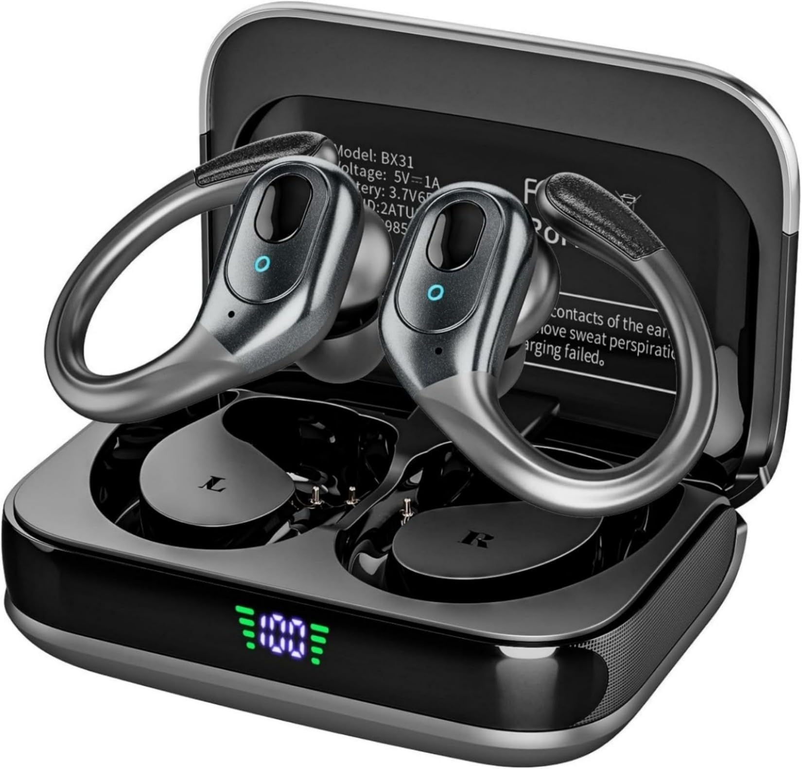 HAOYUYAN Auricolari wireless Bluetooth, auricolari sportivi con 75 ore di autonomia e indicatore di carica LED, cuffie con cancellazione del rumore, auricolari impermeabili IPX7 per allenamento/corsa