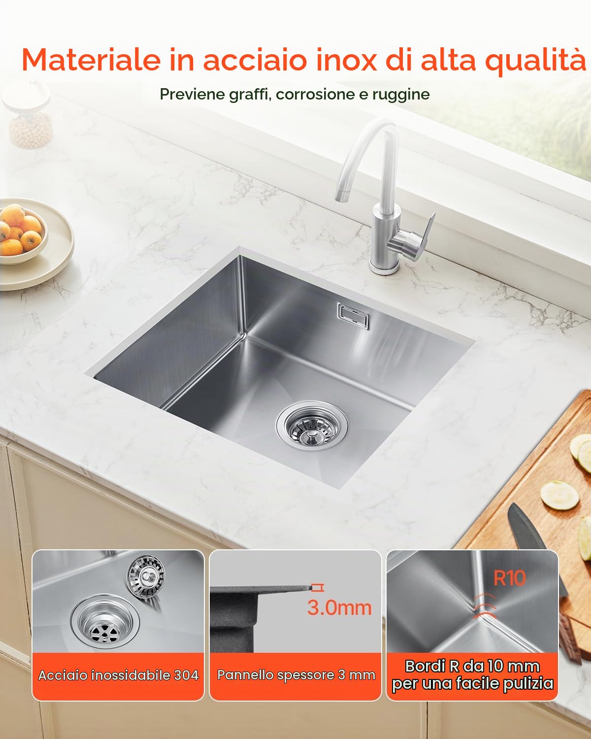 VEVOR Lavello da Cucina da 50 cm Lavello Sottopiano in Acciaio Inossidabile 304, Vasca Singola da Incasso Stile Rustico con Accessori, Lavello per Uso Domestico per Camper, Cucina di Preparazione, Bar