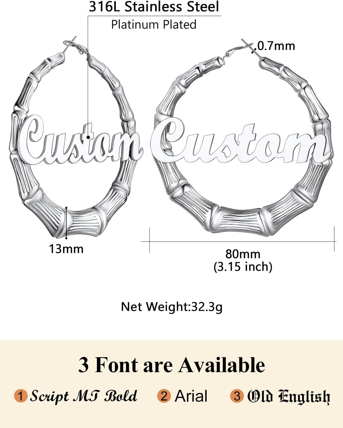 Custom4U Bamboo Hoop Earrings for Women Gold/Silver/Black Large Name Earrings Personalized - Hypoallergenic Lightweight Big Thick Hoops 30/40/50/60/70/80mm - Custom Made Birthday Christmas Gifts