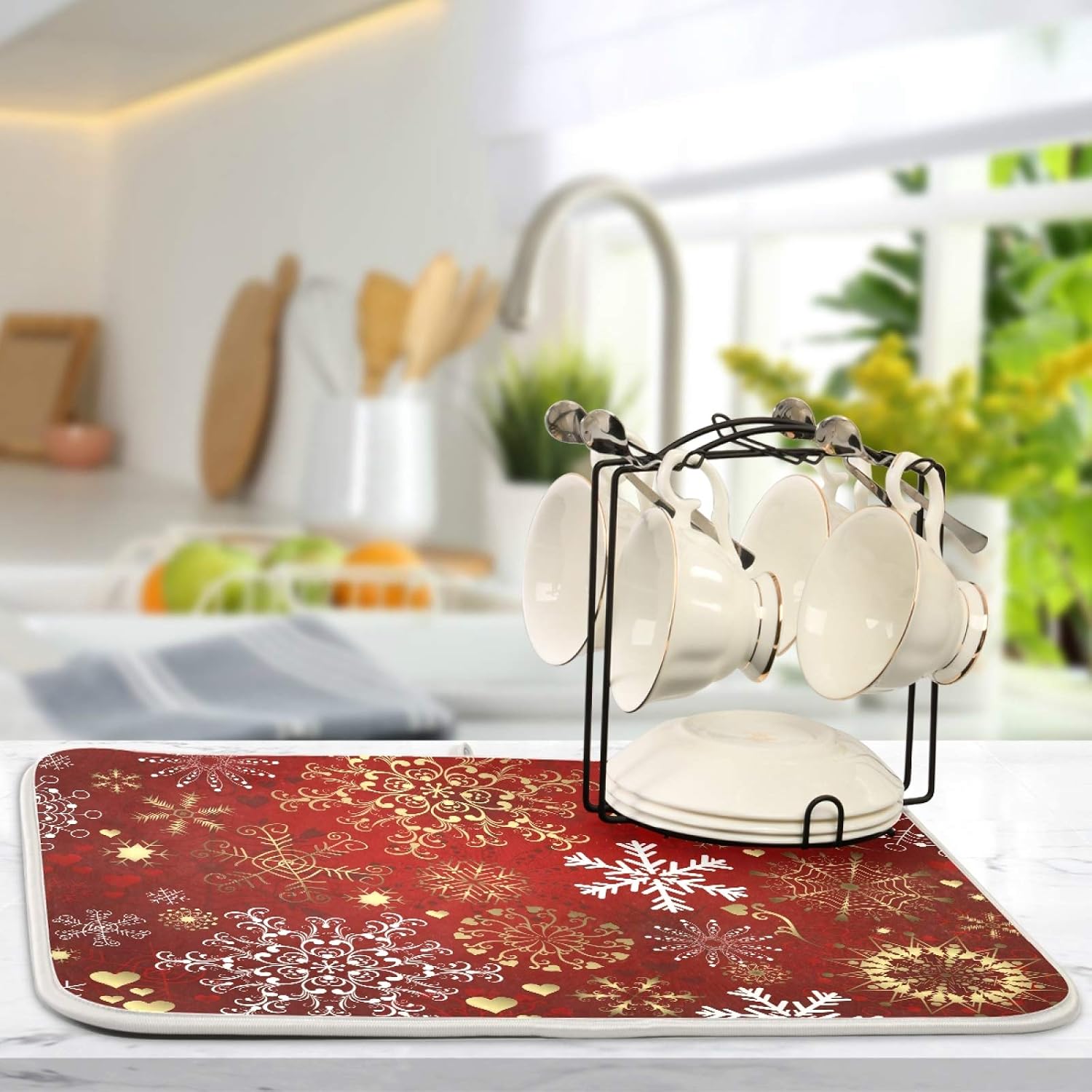 Christmas Snowflake Dish Drying Mat 18x24 inch Absorbent Reversible Microfiber Mat Dish Dry Pad Protector for Kitchen