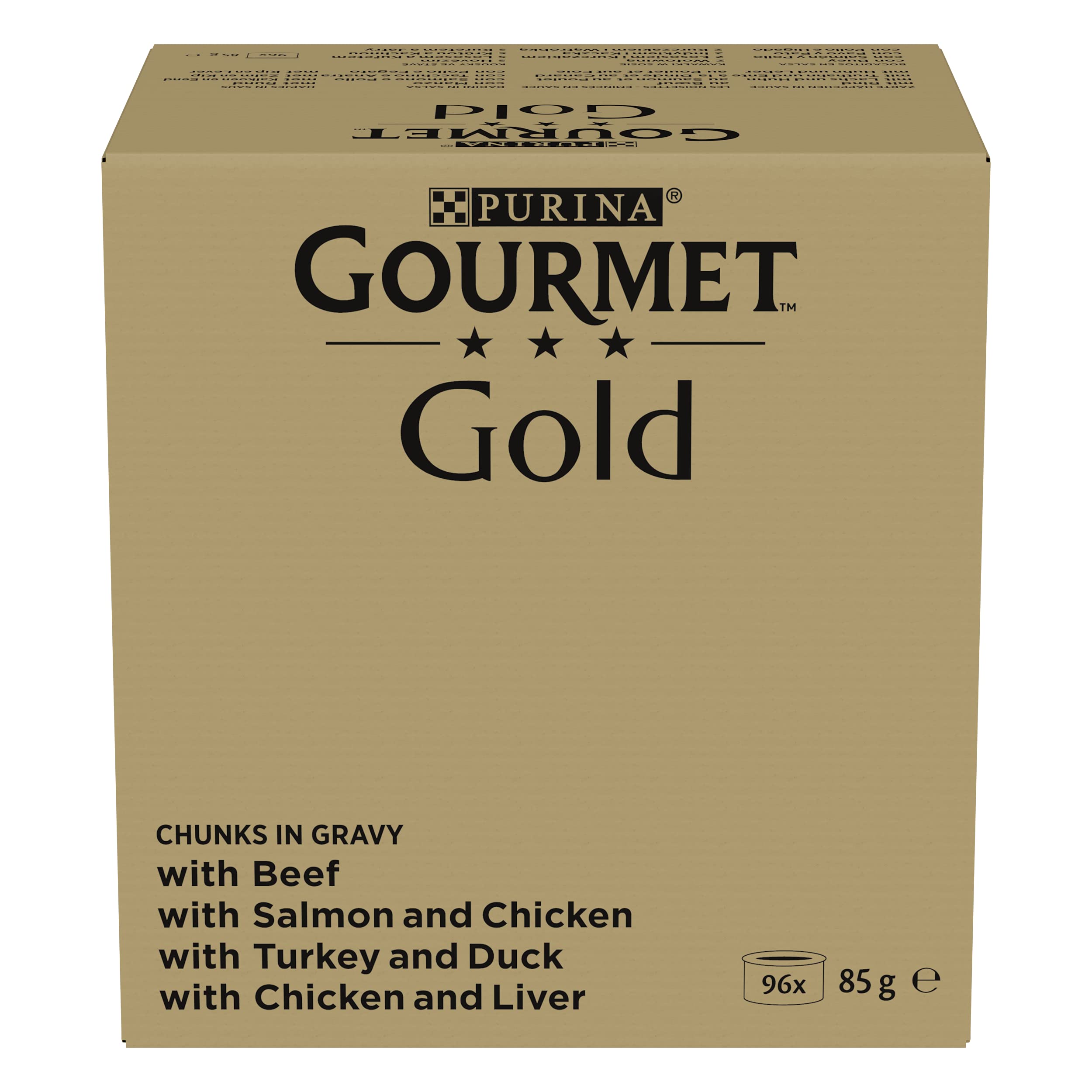 GOURMET | GOLD | Les Noisettes | Chat Adulte | Effilés en sauce | Bœuf, Poulet-Foie, Dinde-Canard, Saumon-Poulet |Portions Repas | Boite | 96 x 85 g
