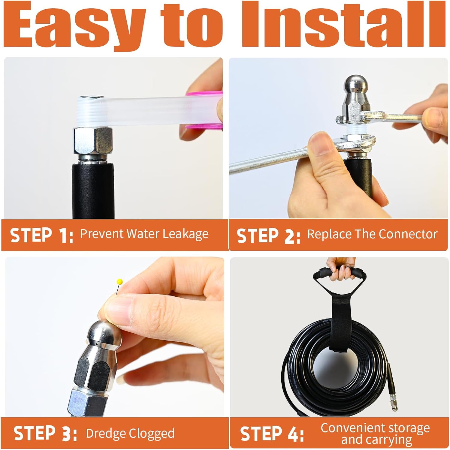 Sewer Jetter Kit for Pressure Washer, 100FT Drain Cleaner Hose 5800PSI with 1/4 Inch NPT Corner, Rotating Nozzle and 4 Different Button Nose Sewer Jet Nozzles, Waterproof Tape and 2 Spanners (Black) - Image 6