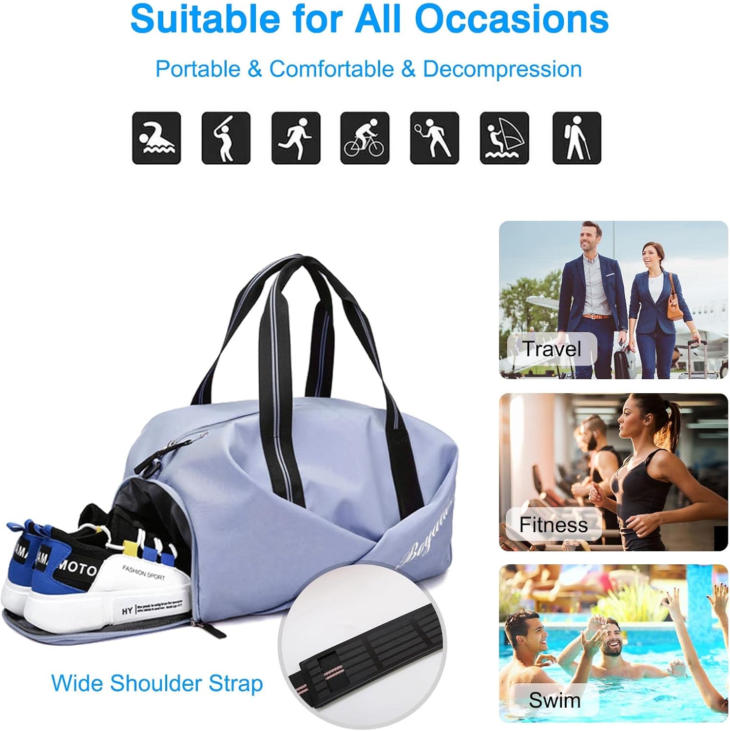 FANDARE Ultra-light Travel Handbag Sports Gym Bag Weekender Overnight Bags Women Men Duffle bag Workout Gym Swim Hospital Shoulder Bag with Wet & Dry Separation Pocket & Shoe Compartment Blue