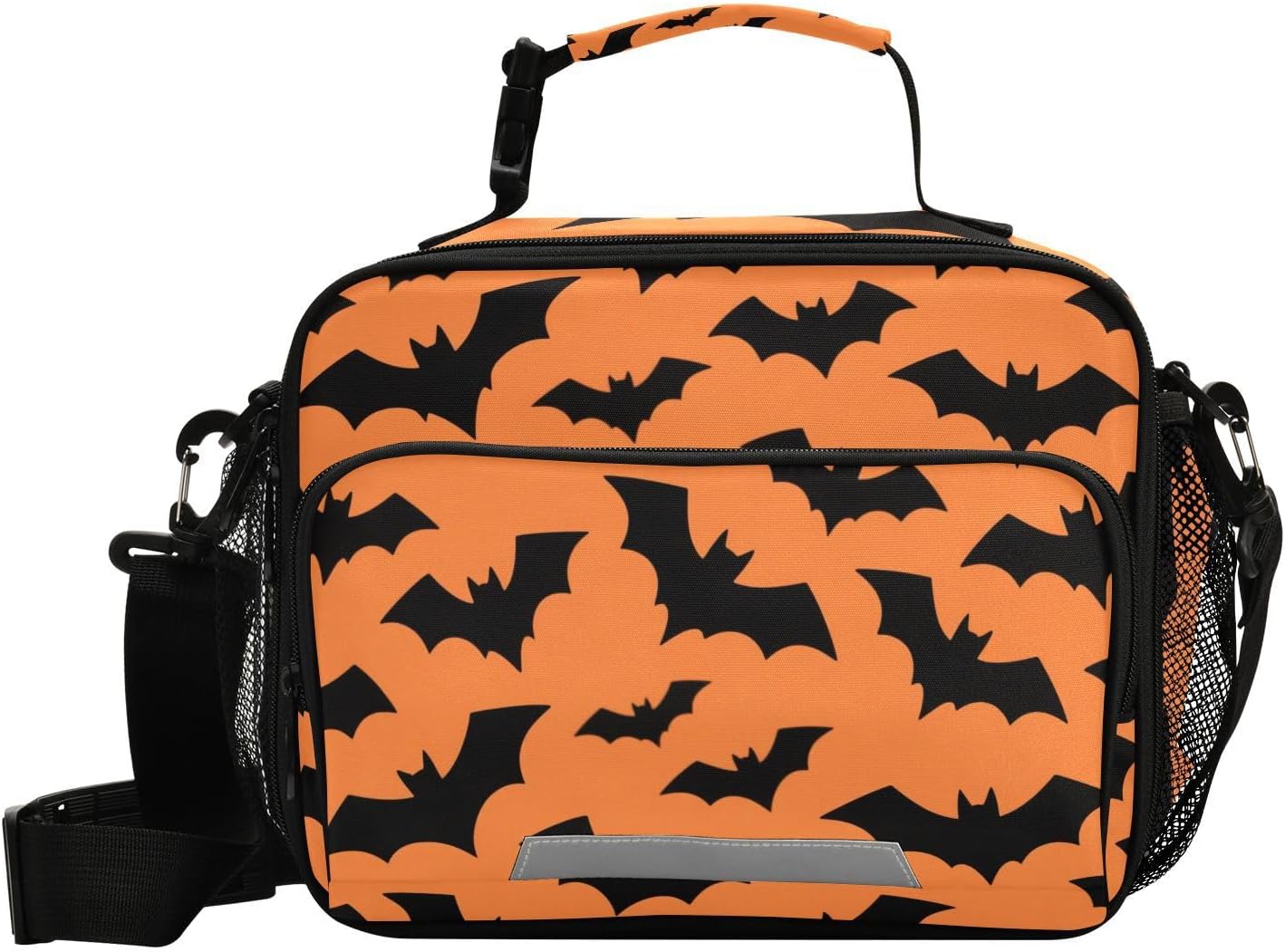 Halloween Bat Black and Orange Lunch Bags for Women with Side Pocket Office Lunch Box with Shoulder Strap Teachers School