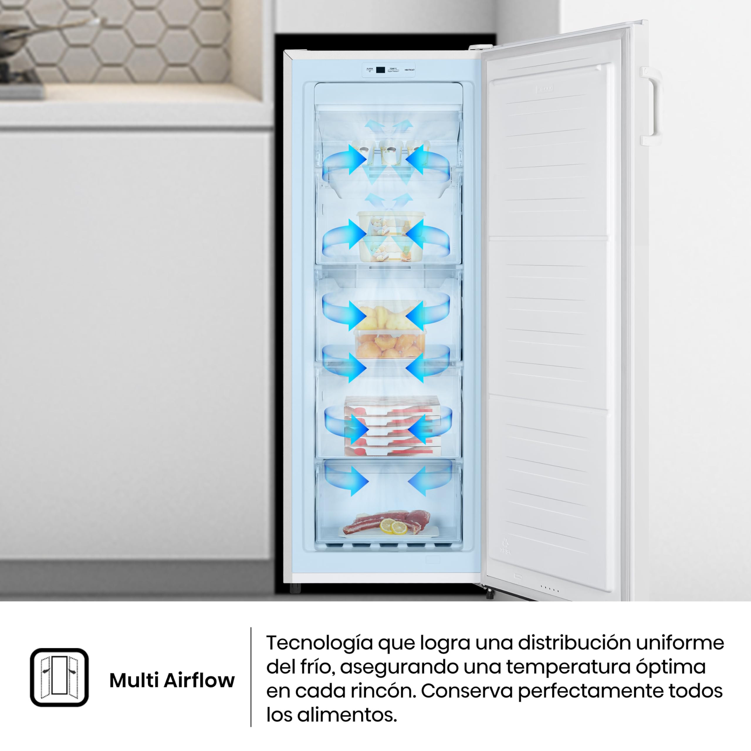 Hisense Congelador FV191N4AW2, TotalNoFrost/Superfreeze/ Alarma de puerta, Multiflow 360°/ BigBox/ 143,4 cm/ compartimento congelador 147 l/ 41 dB/ 205 kWh/blanco